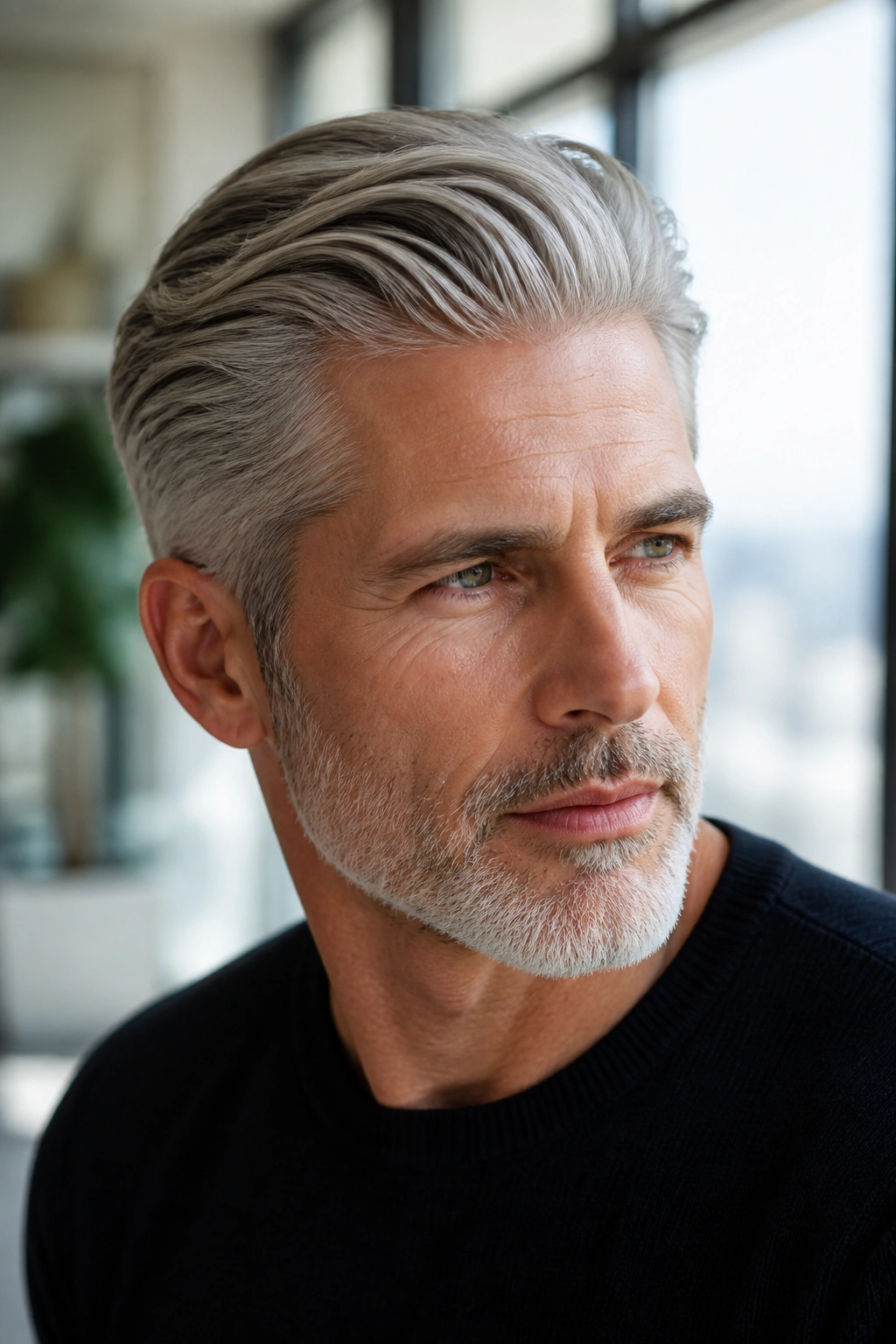 Man with soft dove gray glossy hair in brushed-back style indoors