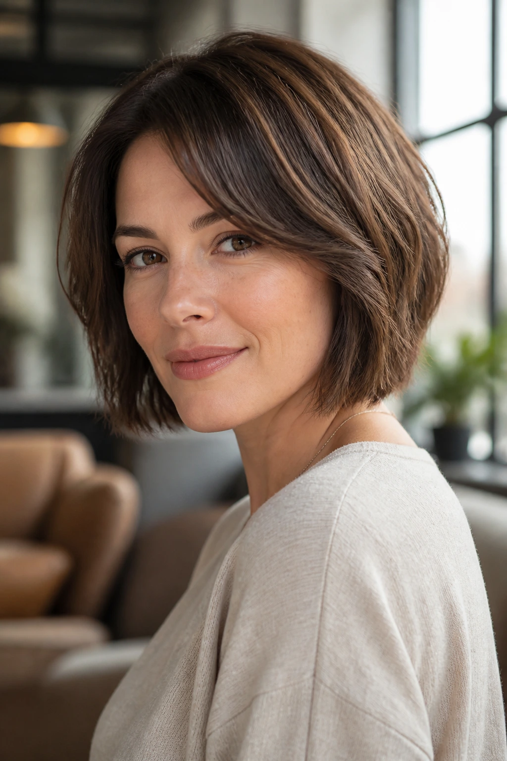 Close-up portrait of a real woman with a soft-edge bob and light texture in window light