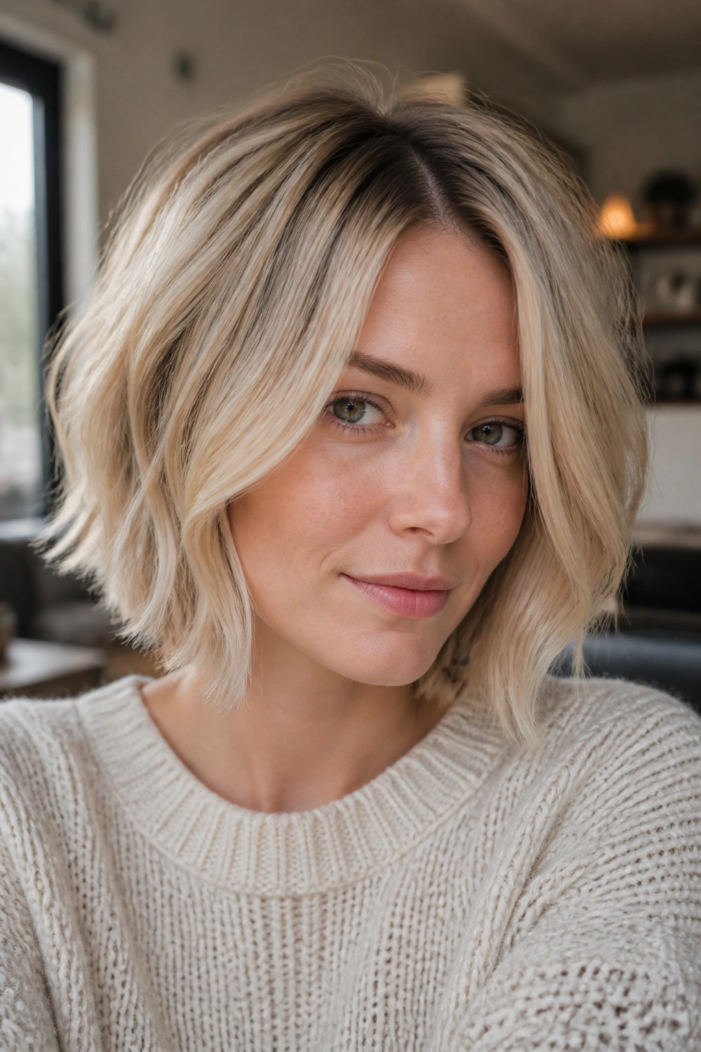 Real woman with soft-edge finale bob in buttery blonde under window light.