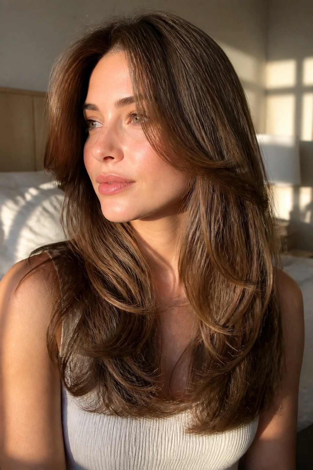 Close-up portrait of a real woman with soft-edge long layers in warm window light