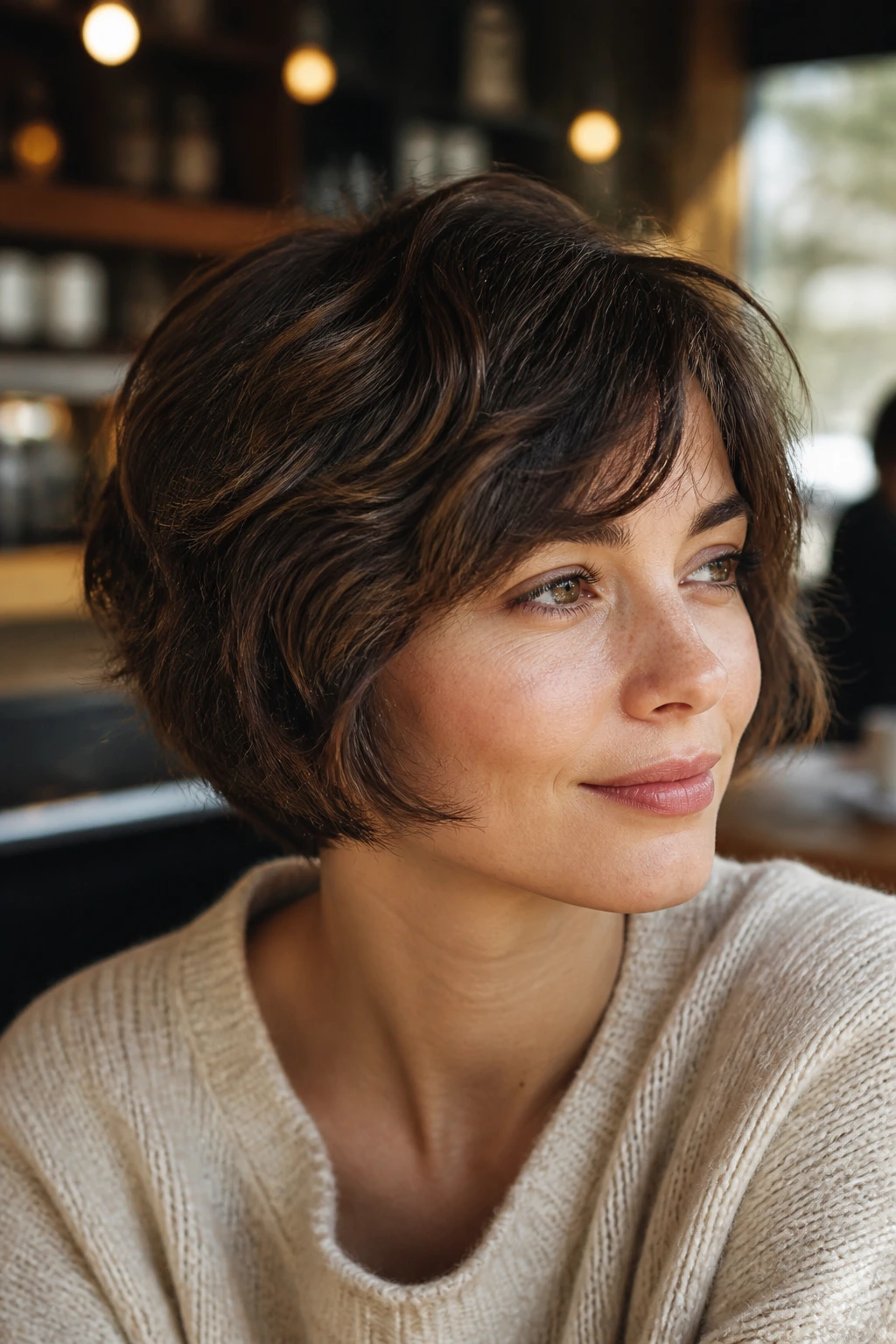 Close-up of a real woman with Soft Edge Bob-Pixie in warm cafe light.