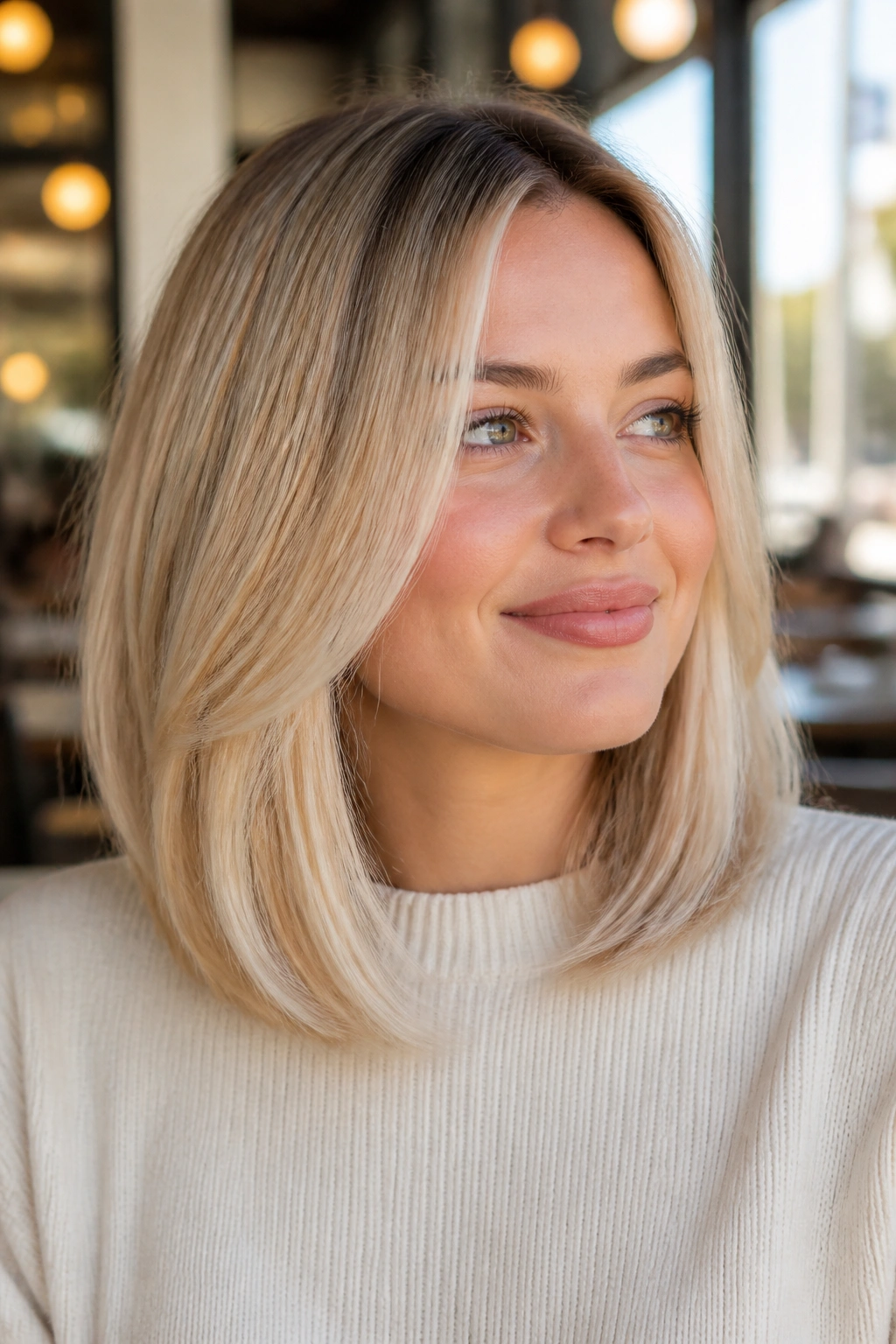 Close-up of a real woman with a soft-edge rounded blonde lob just below the collarbone