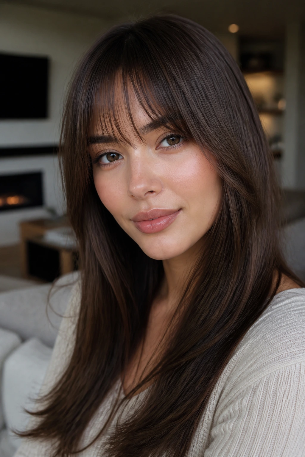 Close-up of a real woman with soft-edged fringe on straight hair.