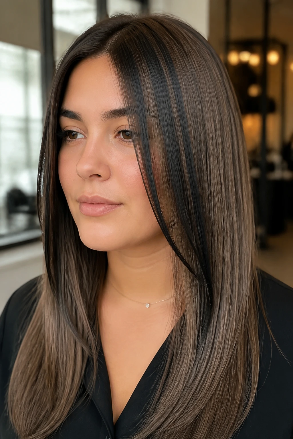 Close-up of straight hair with soft-edged black streaks in a salon setting