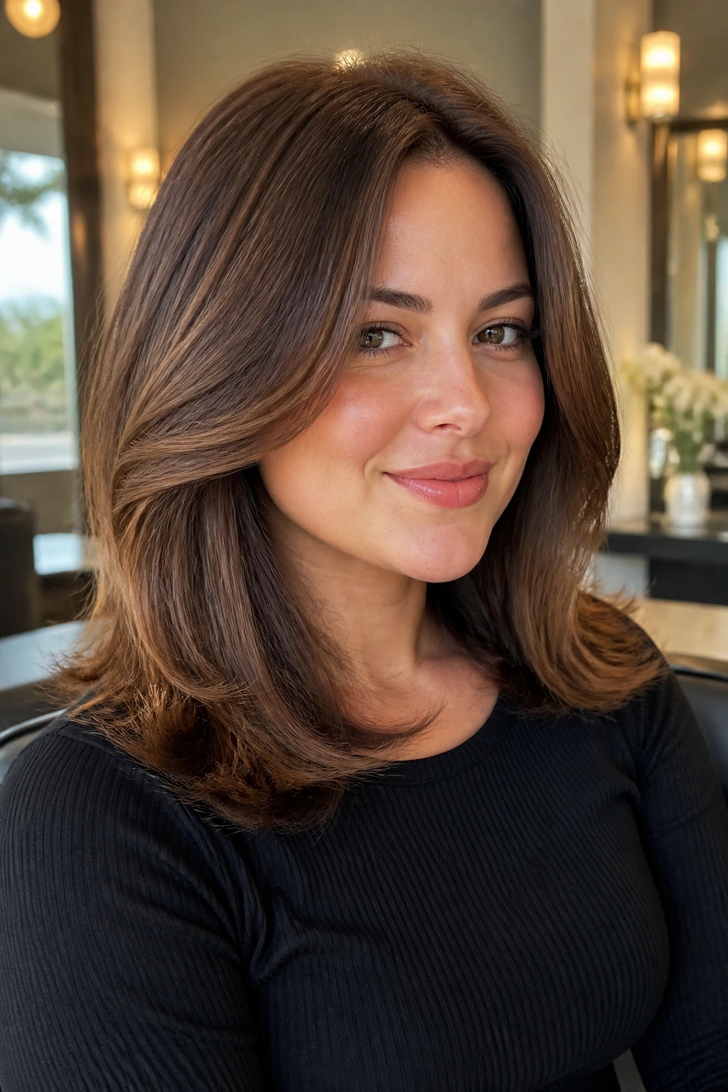 Close-up of a real woman with a soft-ended blowout featuring smooth roots and curved ends in warm salon light