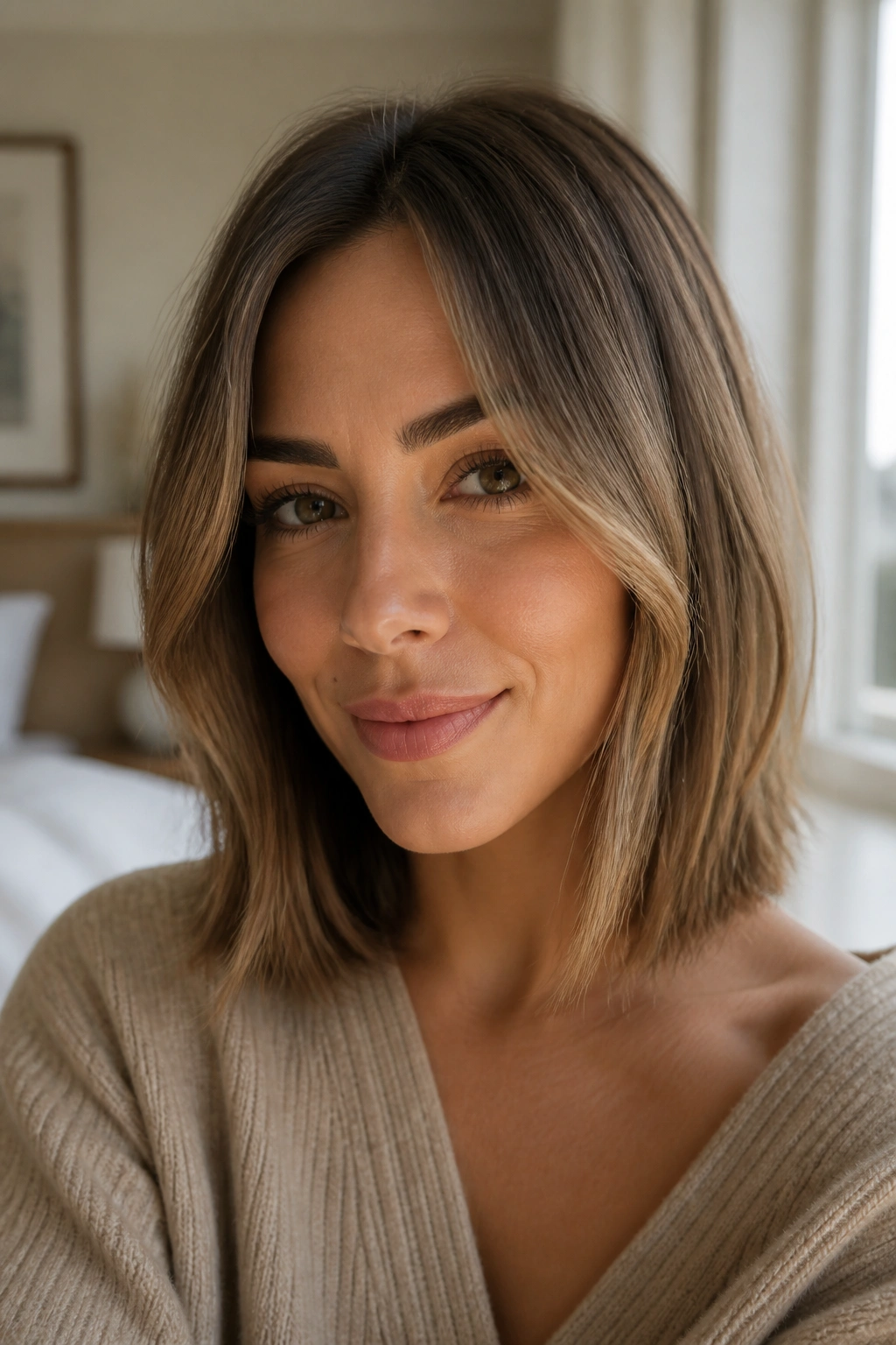 Close-up of real woman with soft face-framing lob and cheek-framing pieces