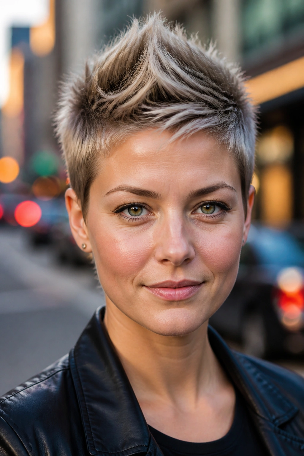 Portrait of a real person with a soft faux hawk pixie on a city street