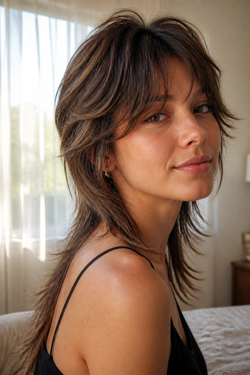 Close-up portrait of a real woman with soft feathered shaggy mullet in a sunlit bedroom