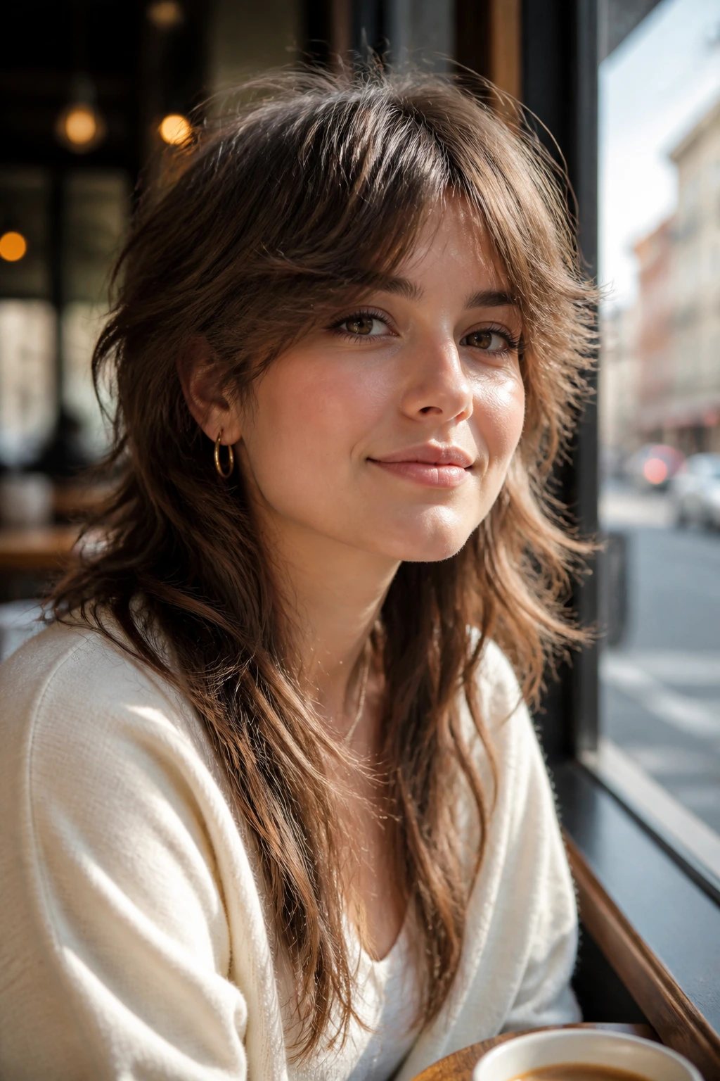 Close-up portrait of a real woman with a soft feathered mullet showing face-framing front pieces and longer back.