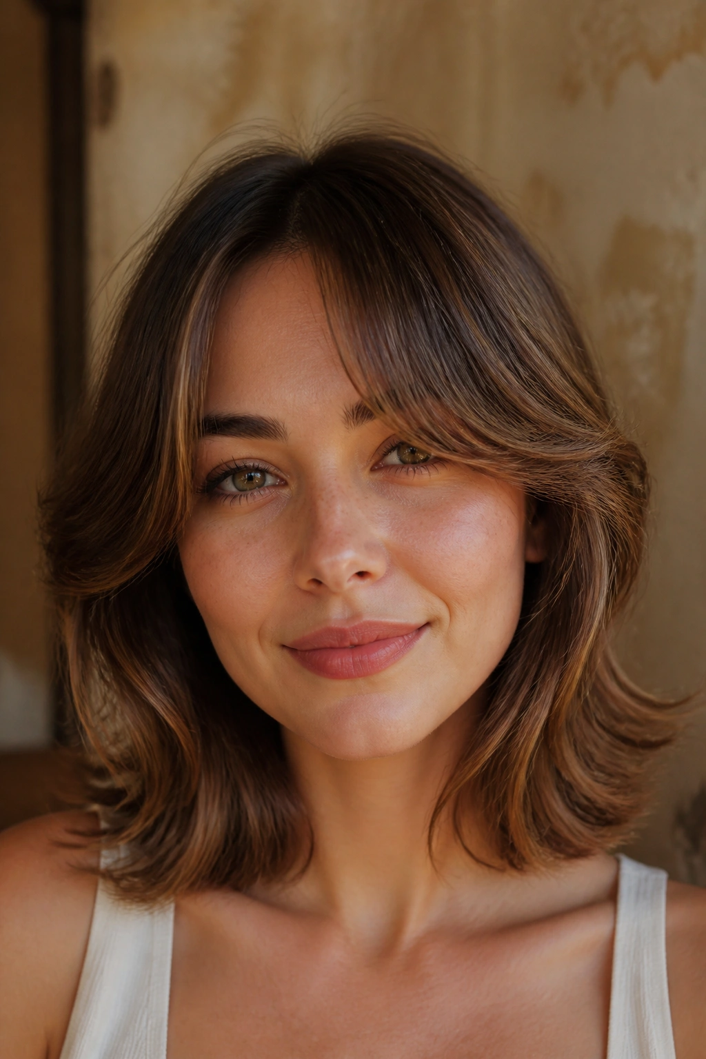 Real woman with center-part bangs flipping softly outward.