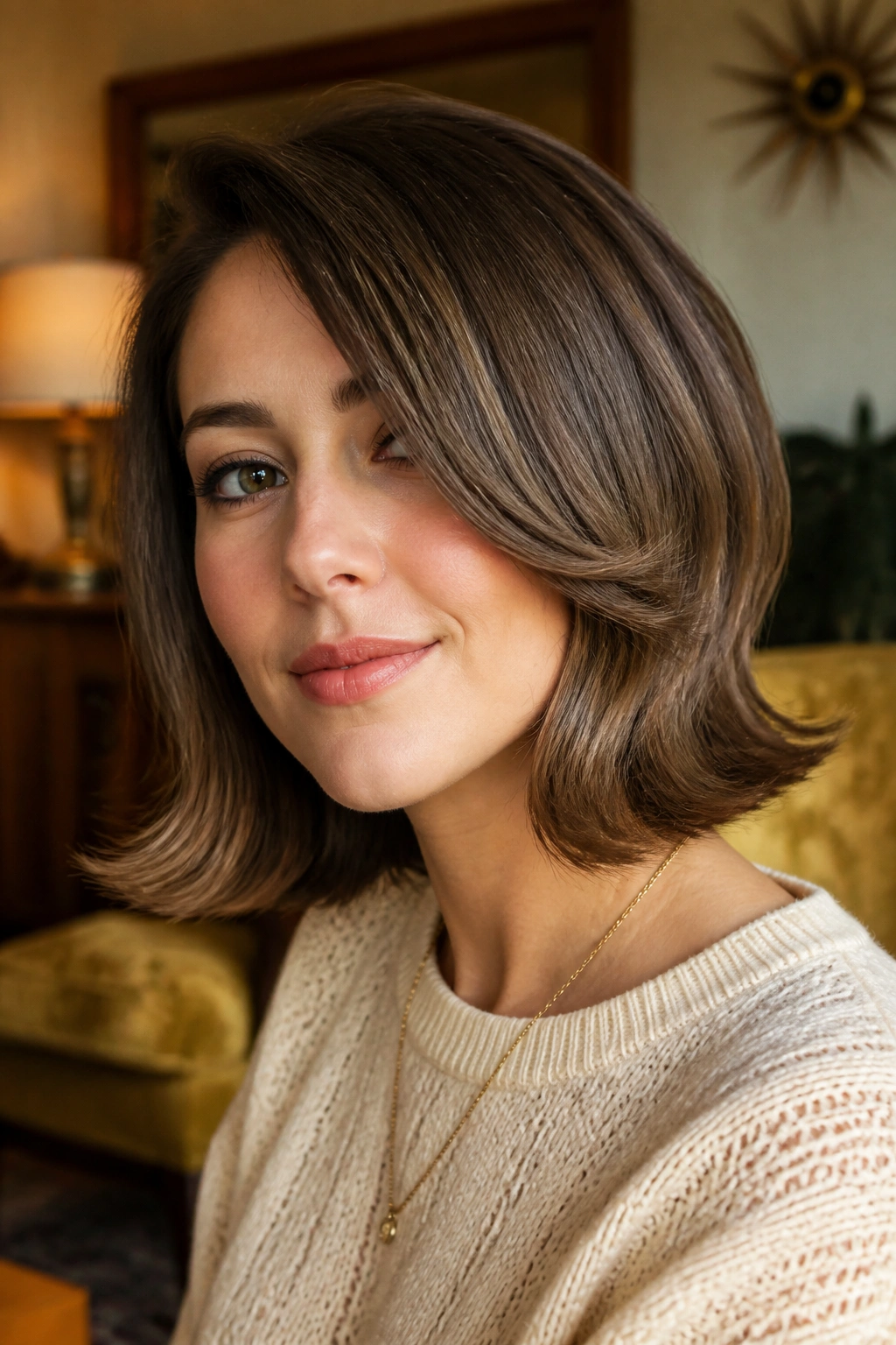 Close-up of a real woman with a soft flip-out lob in warm retro lighting
