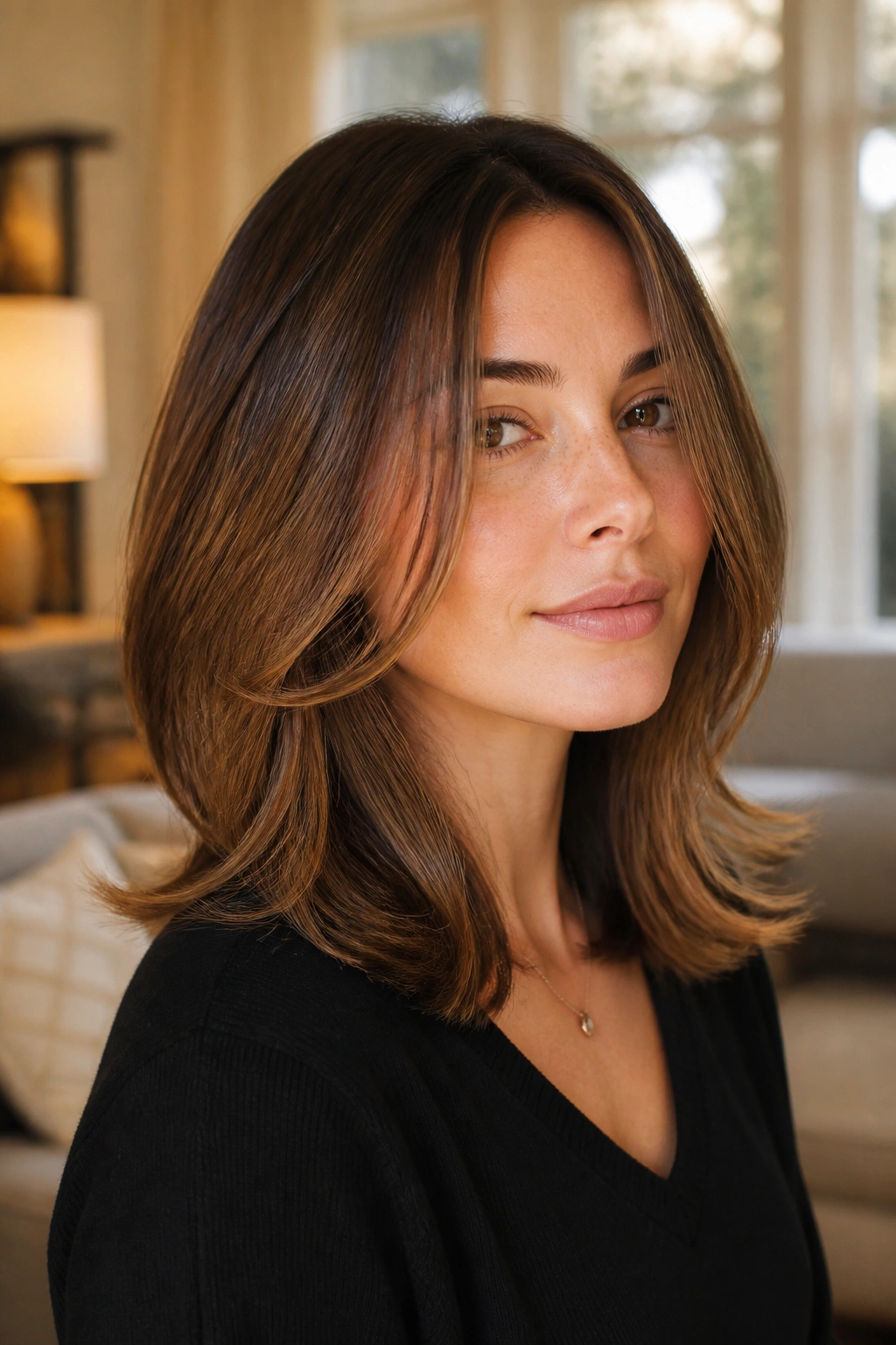 Close-up portrait of a real woman with soft flip-out ends and a long face frame