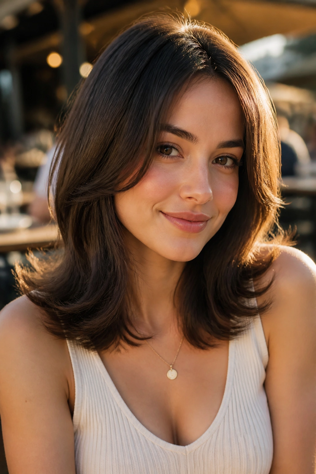 Close-up of a real woman with outward-flipped ends on shoulder-length hair in golden hour light