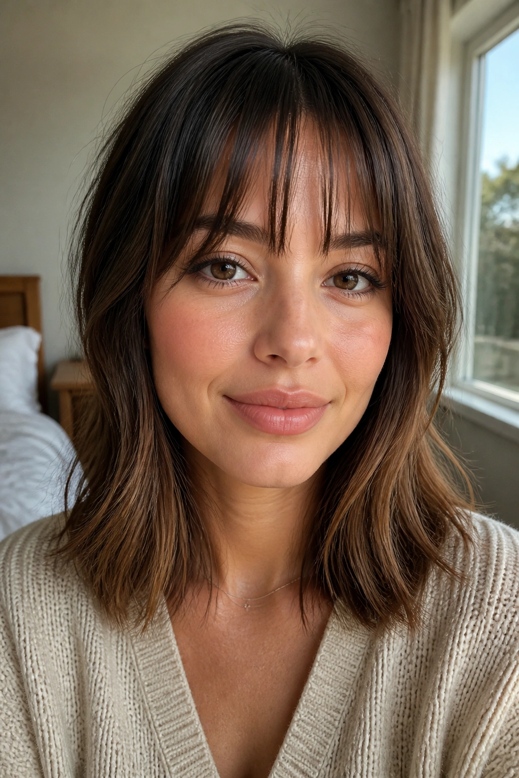 Close-up of a real woman with soft French bangs tapering at the ends.