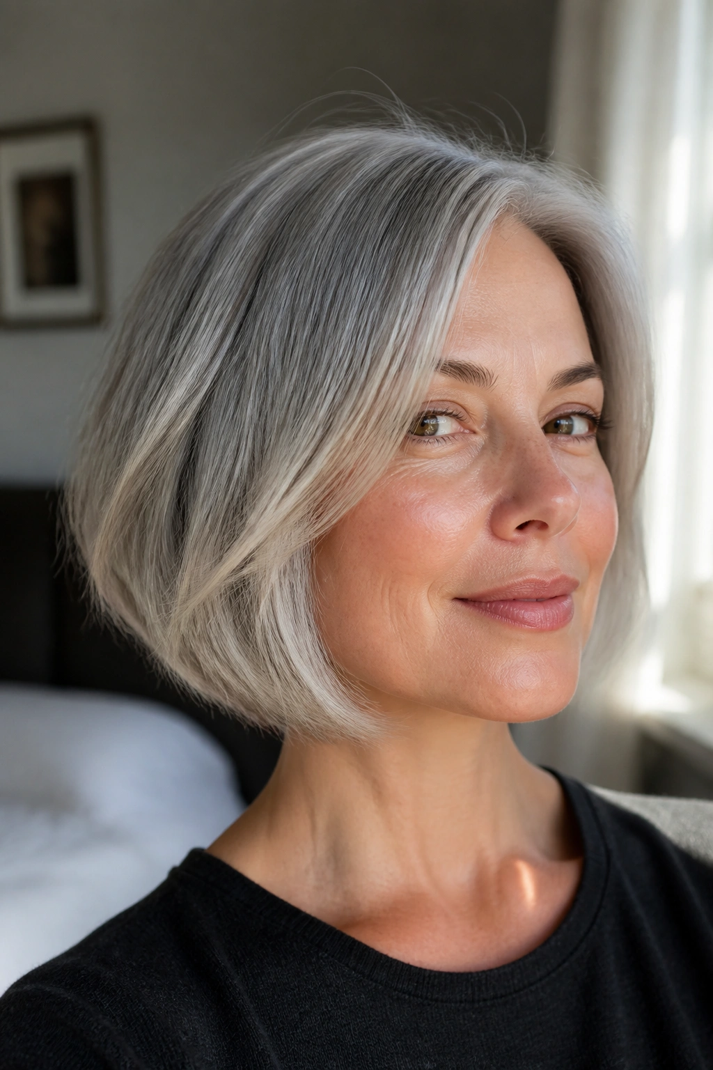 Portrait of a woman with a soft French bob and airy textured ends