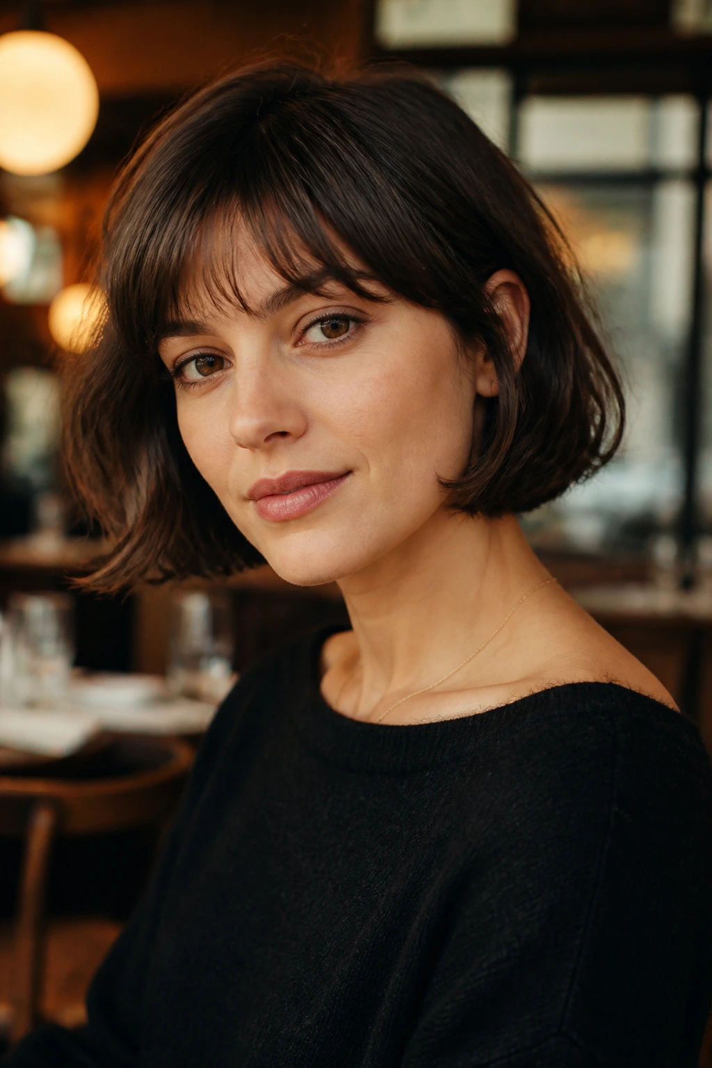 Close-up of a real woman with a soft French bob