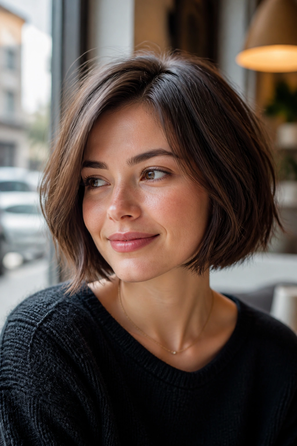 Real woman wearing a softly textured jaw-length French bob with off-center part