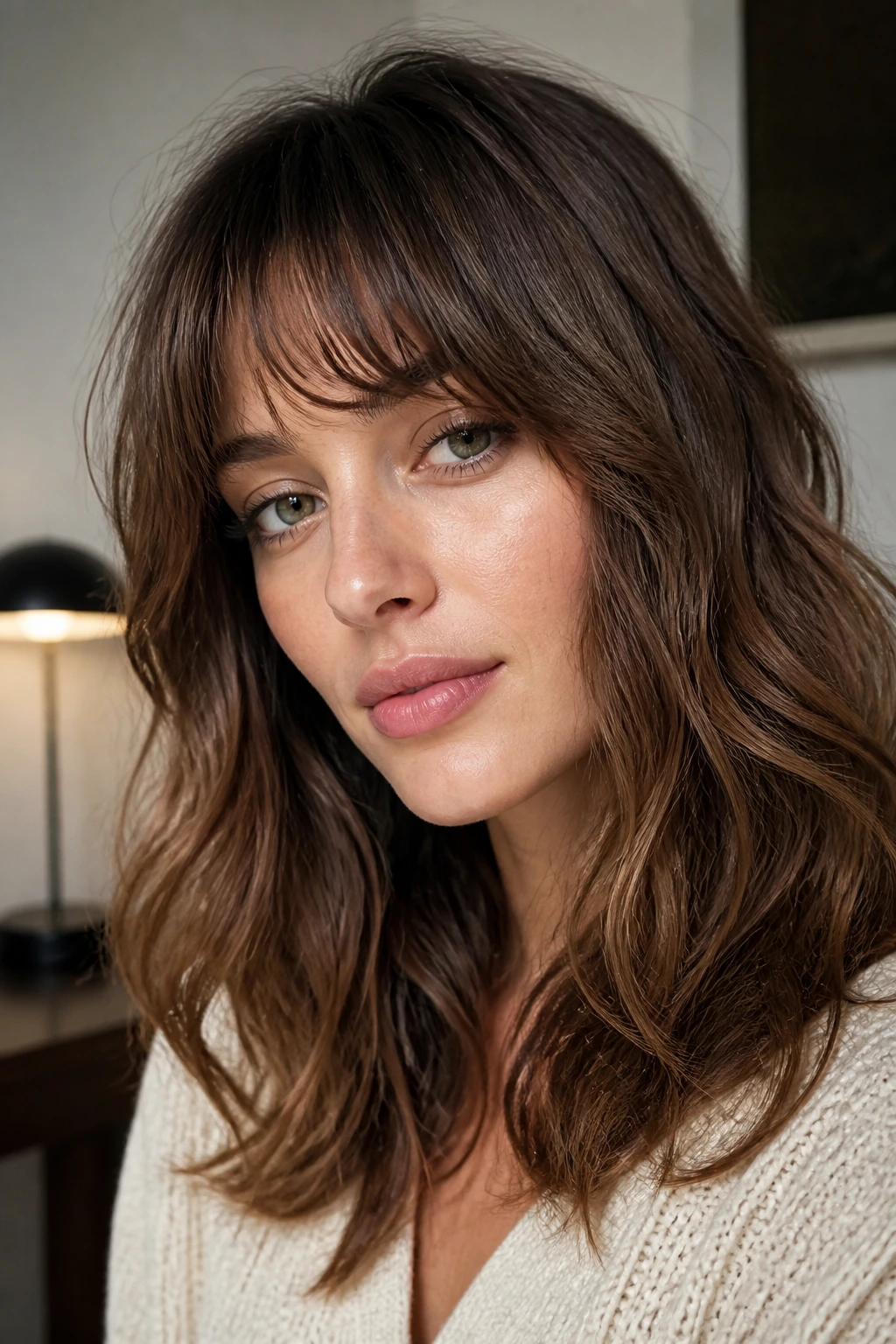 Close-up portrait of a real woman with soft French fringe and air-dried waves in natural light