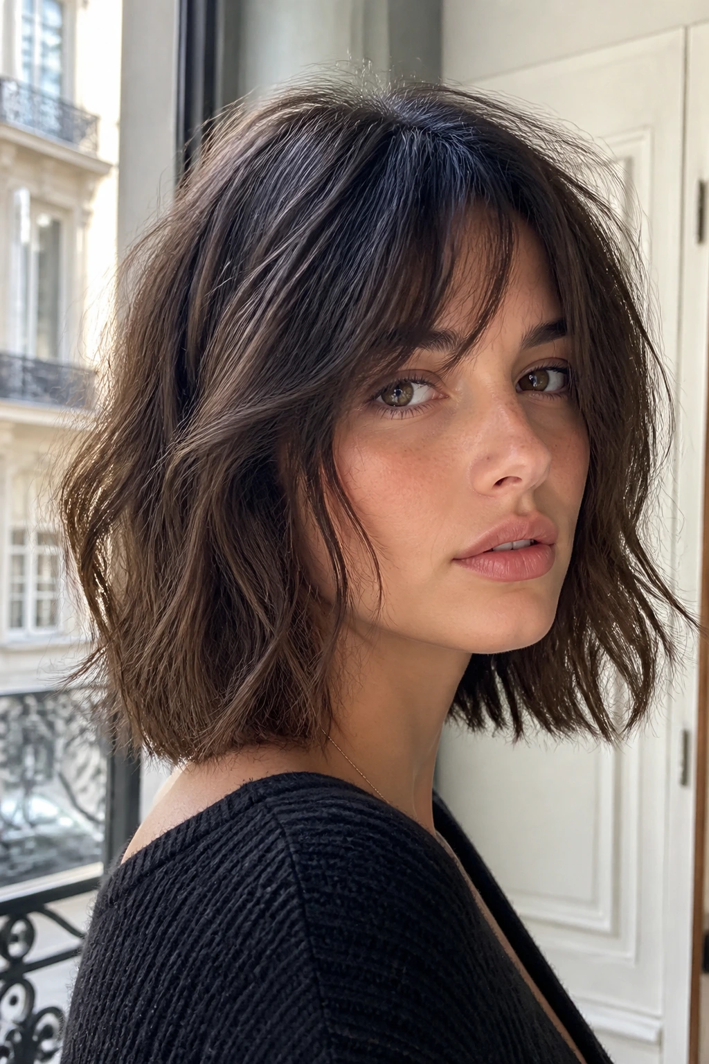 Real person with soft French-girl wavy lob in natural light