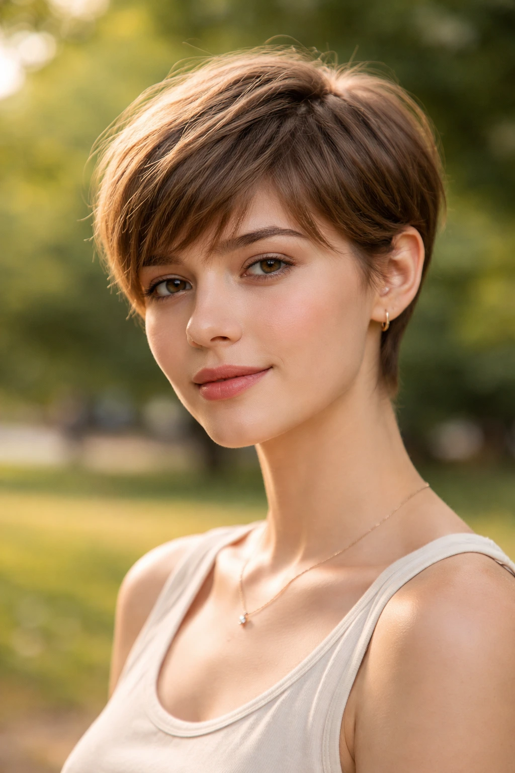 Close-up portrait of a girl with soft French pixie and gentle fringe