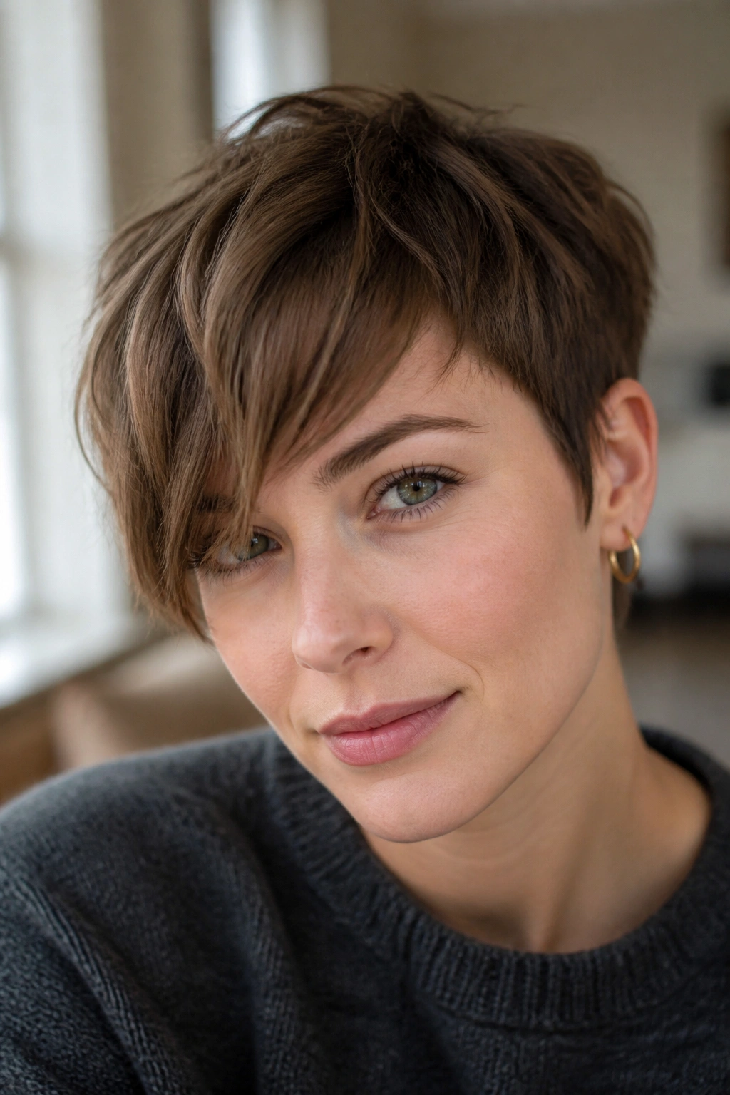Portrait of a woman with an uneven fringe on a soft French pixie hairstyle