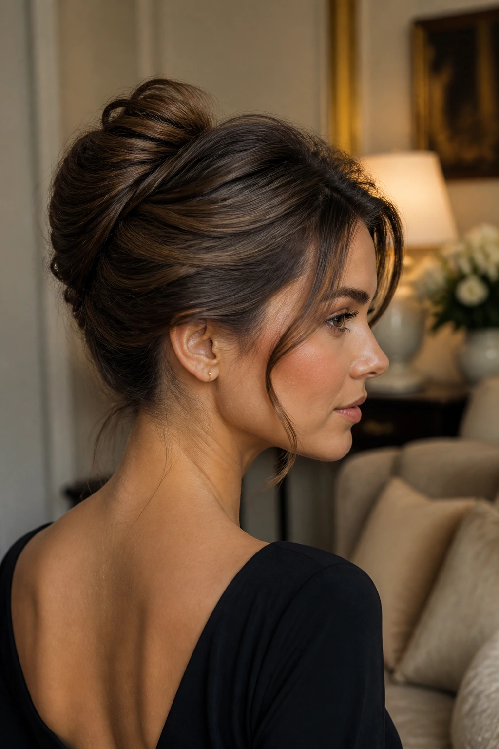 Portrait of a real woman with a soft French twist and loose pieces