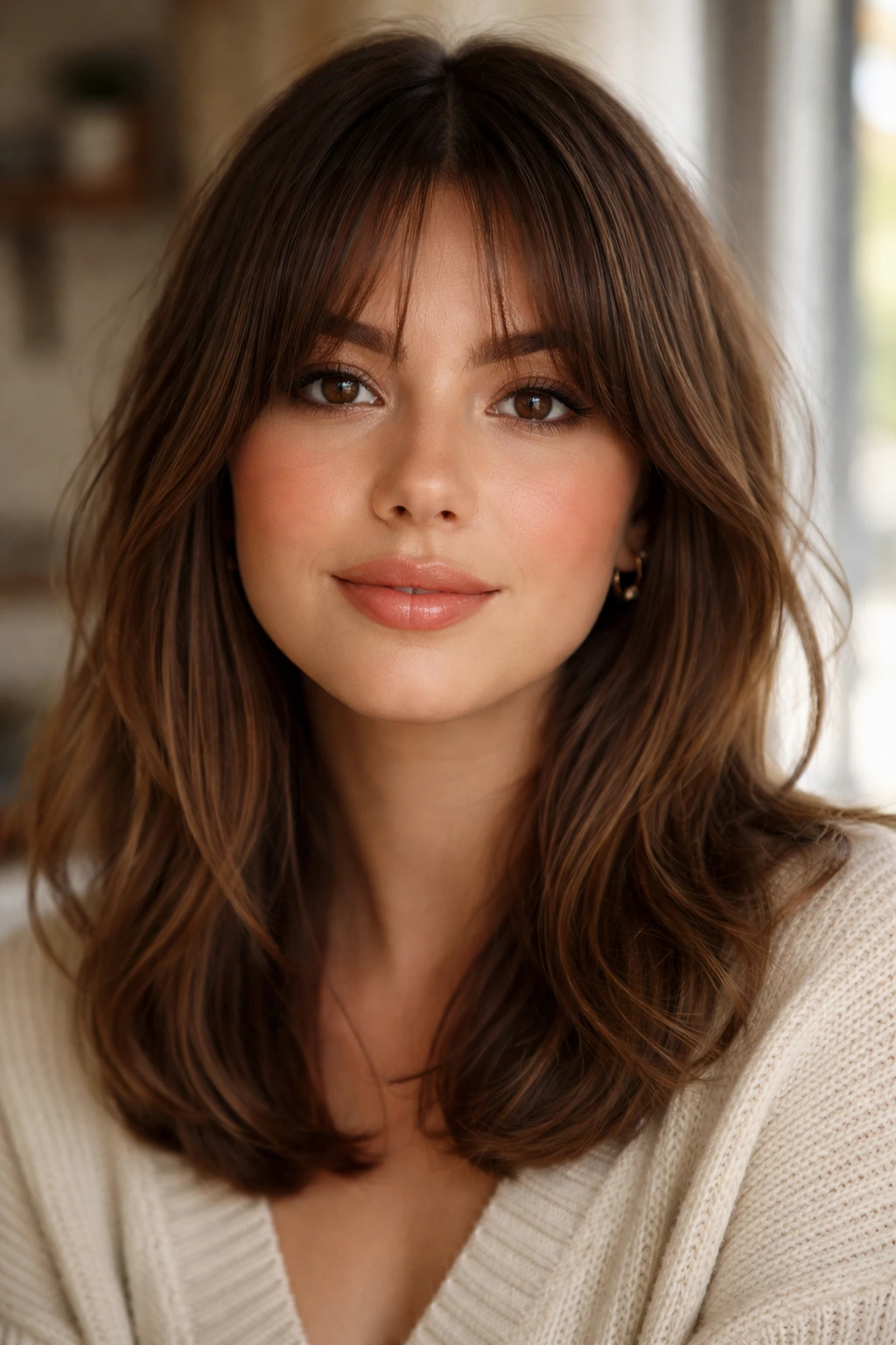 Portrait of a woman with soft center-parted fringe in warm light.