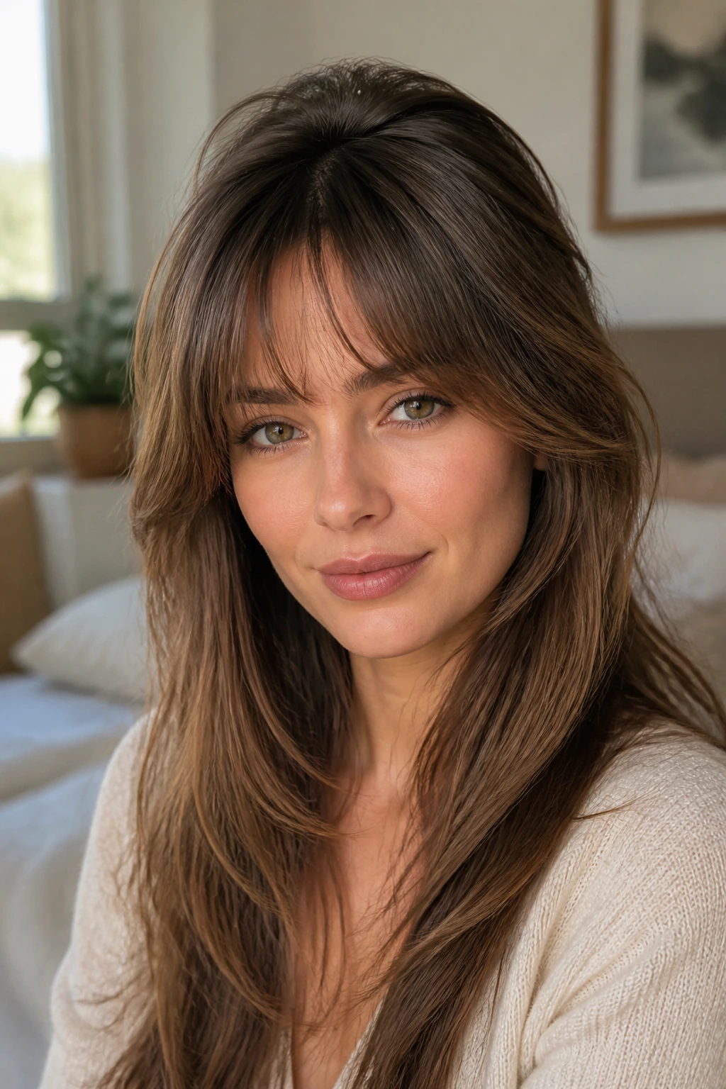 Close-up portrait of a real woman with a soft blended fringe and crown volume, natural window light.