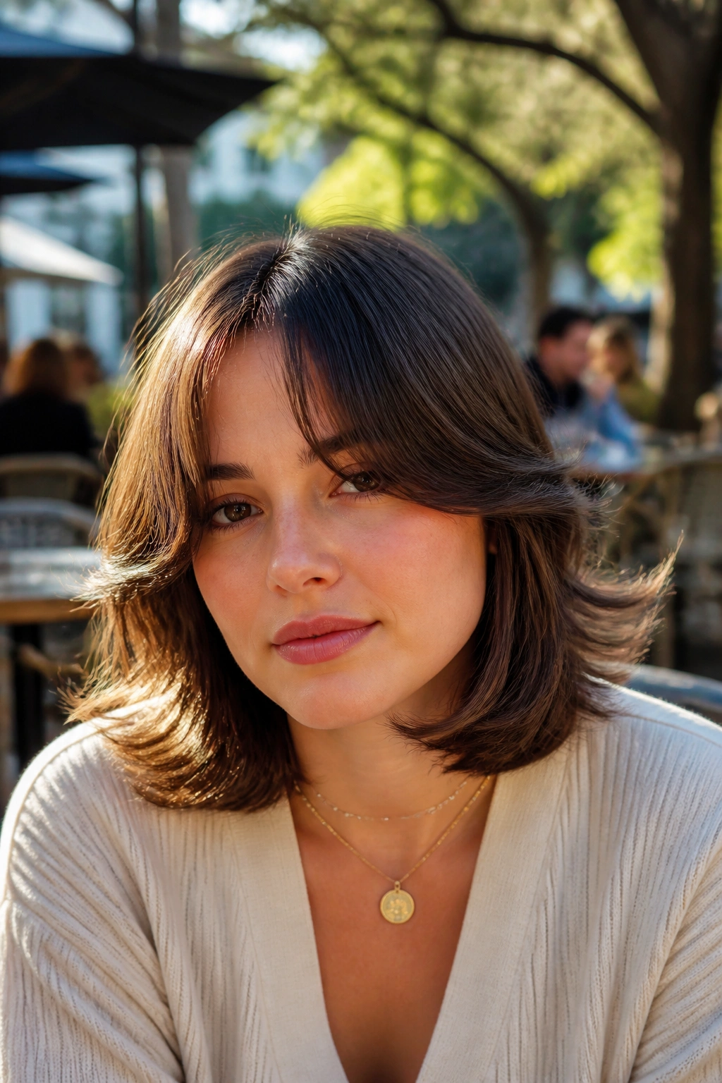 Close-up of a real person with soft fringe flipped away ends