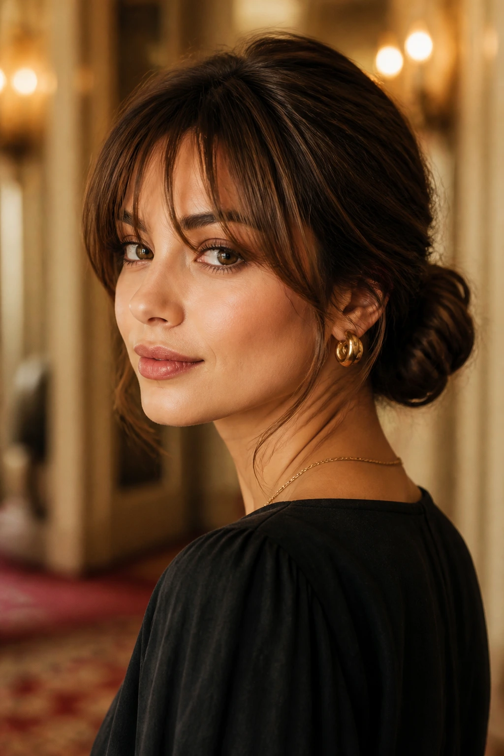 Close-up of a real woman with soft fringe and low bun in an elegant room