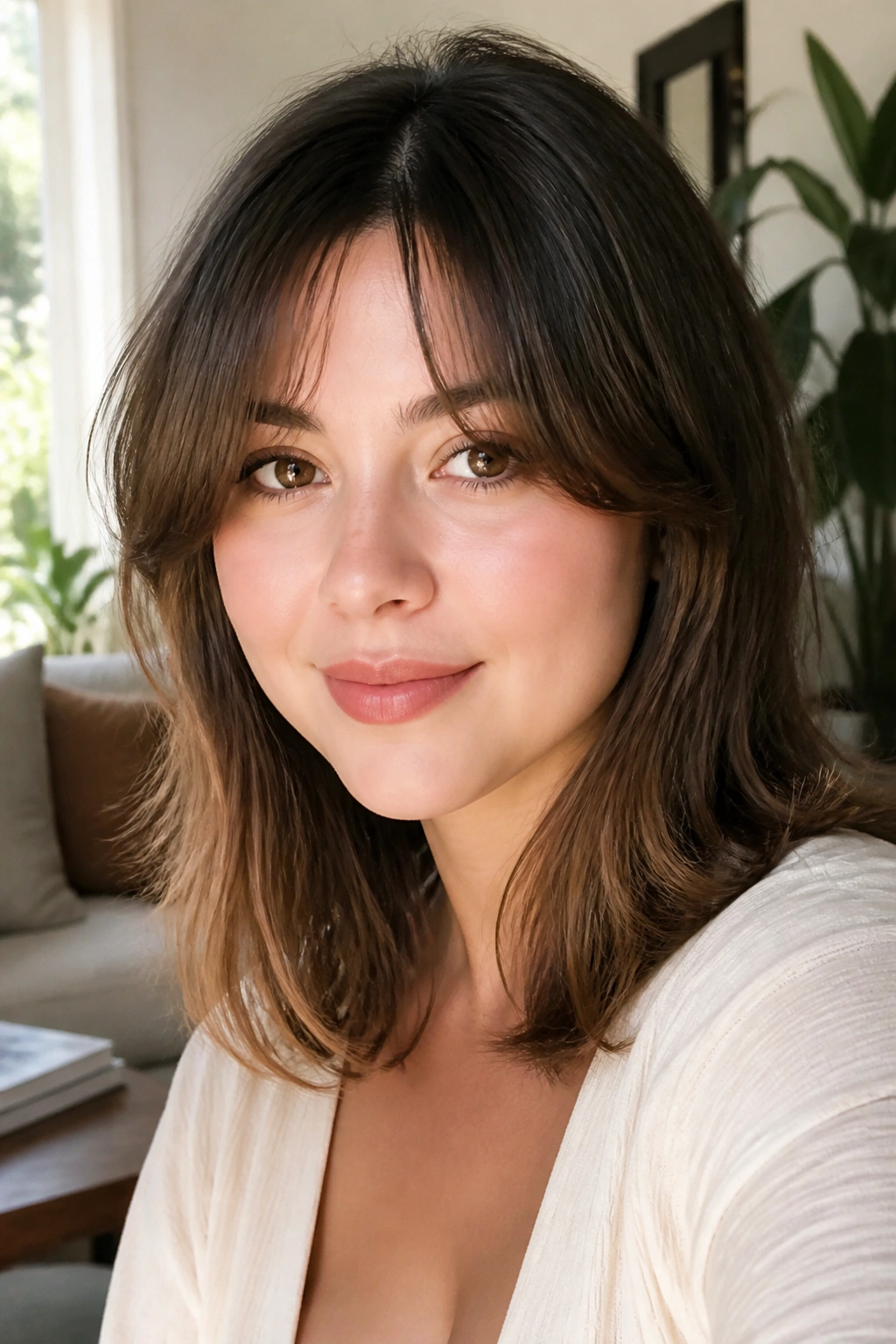 Close-up portrait of a real woman with a round face and a grow-out soft fringe framing the brow level.