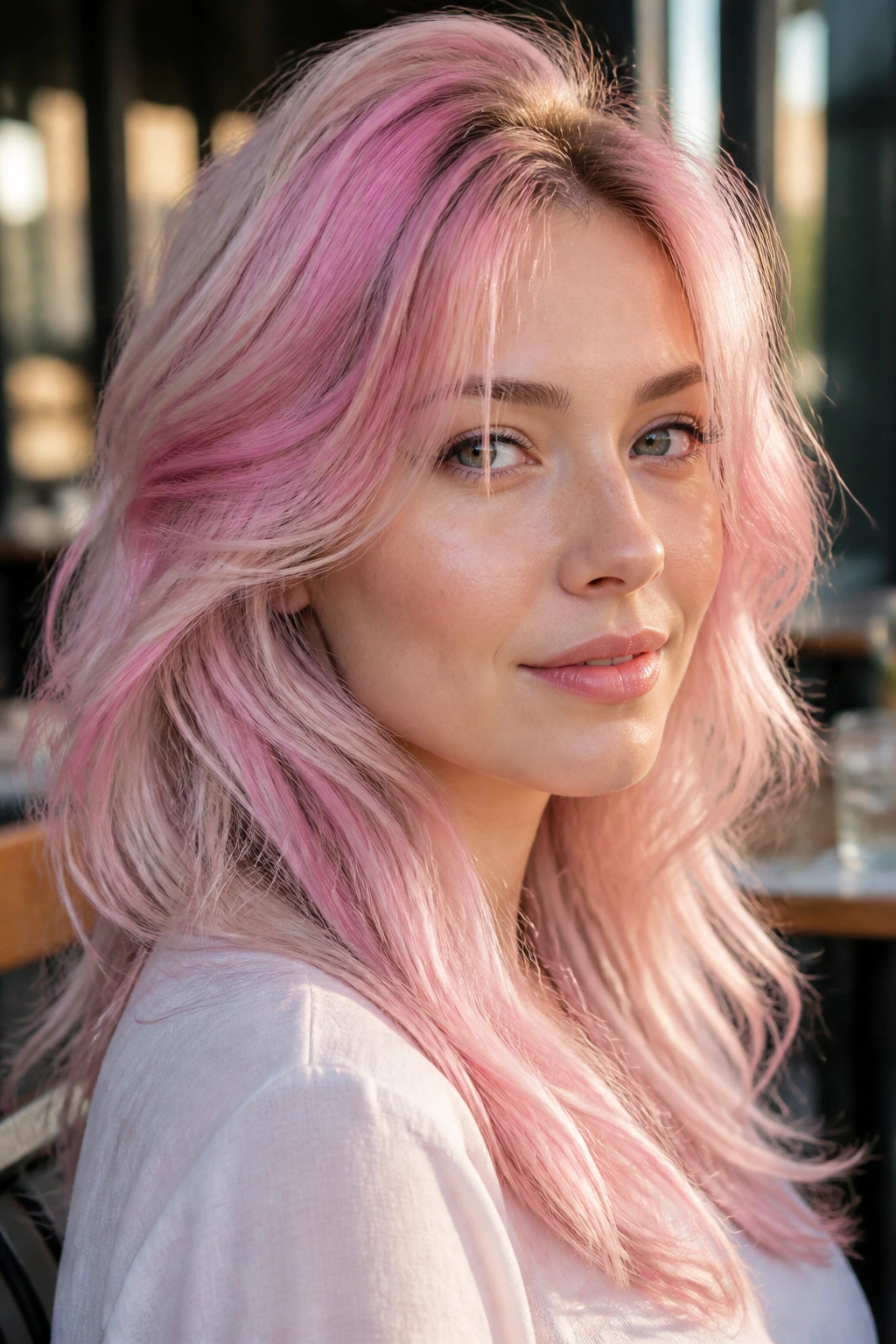 Portrait of a woman with Soft Fuchsia Veil hair color outdoors.