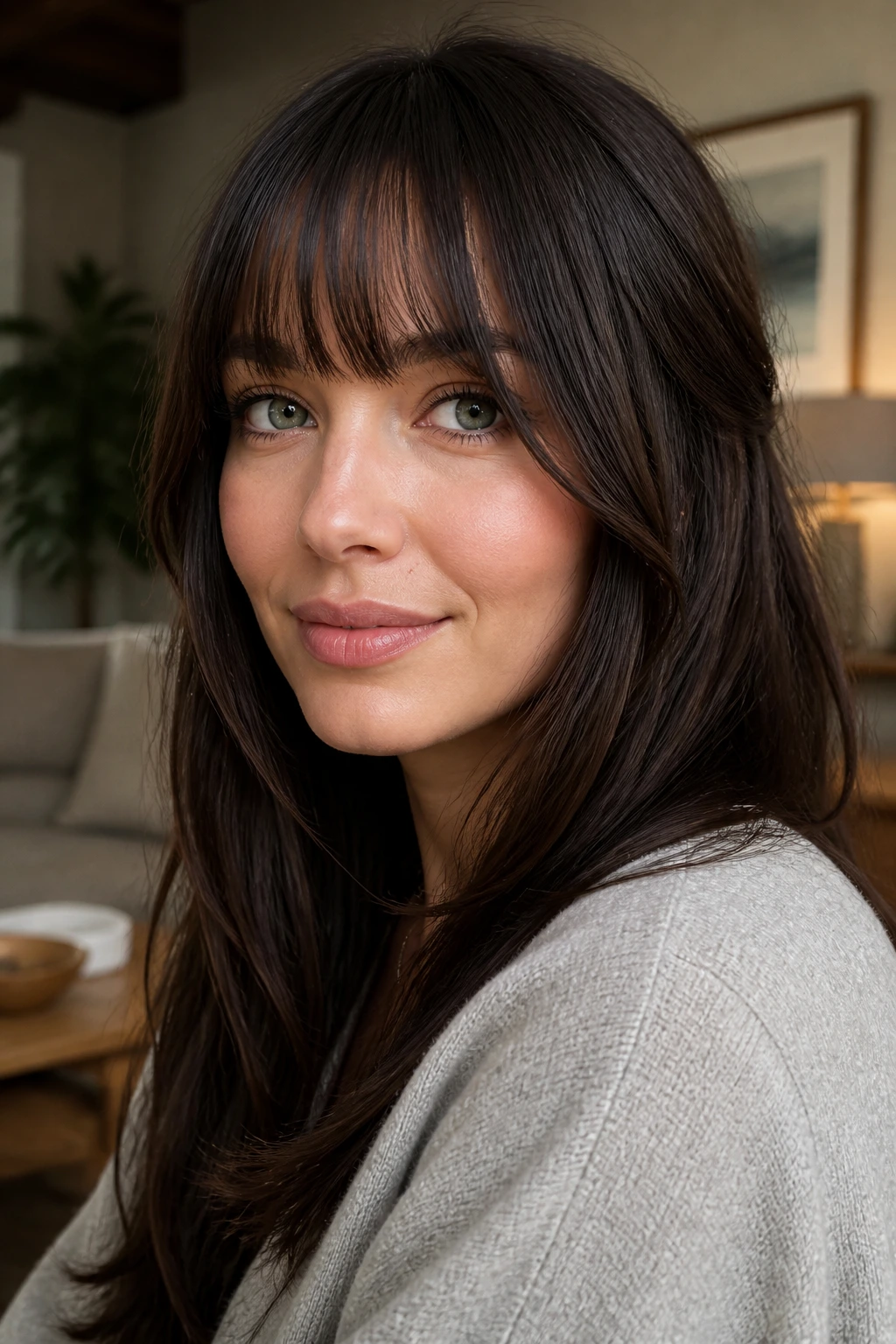 Close-up of brunette woman with soft full fringe and long curtain sides in warm light.