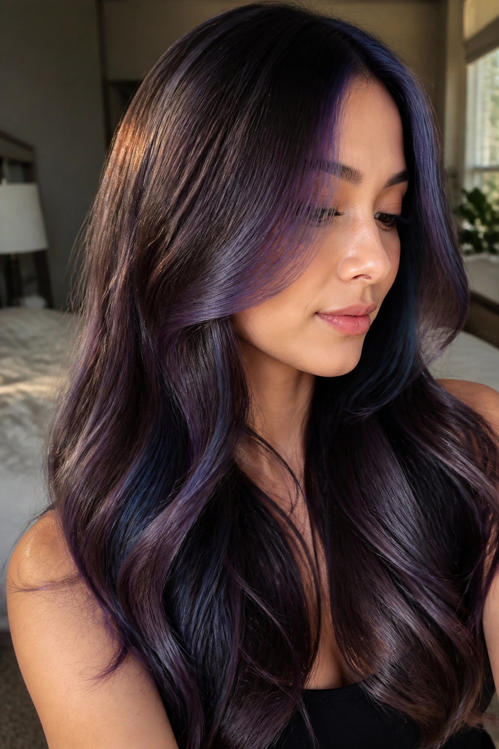 Close-up portrait of a person with a soft galaxy blend on brown hair showing violet blue and plum tones.