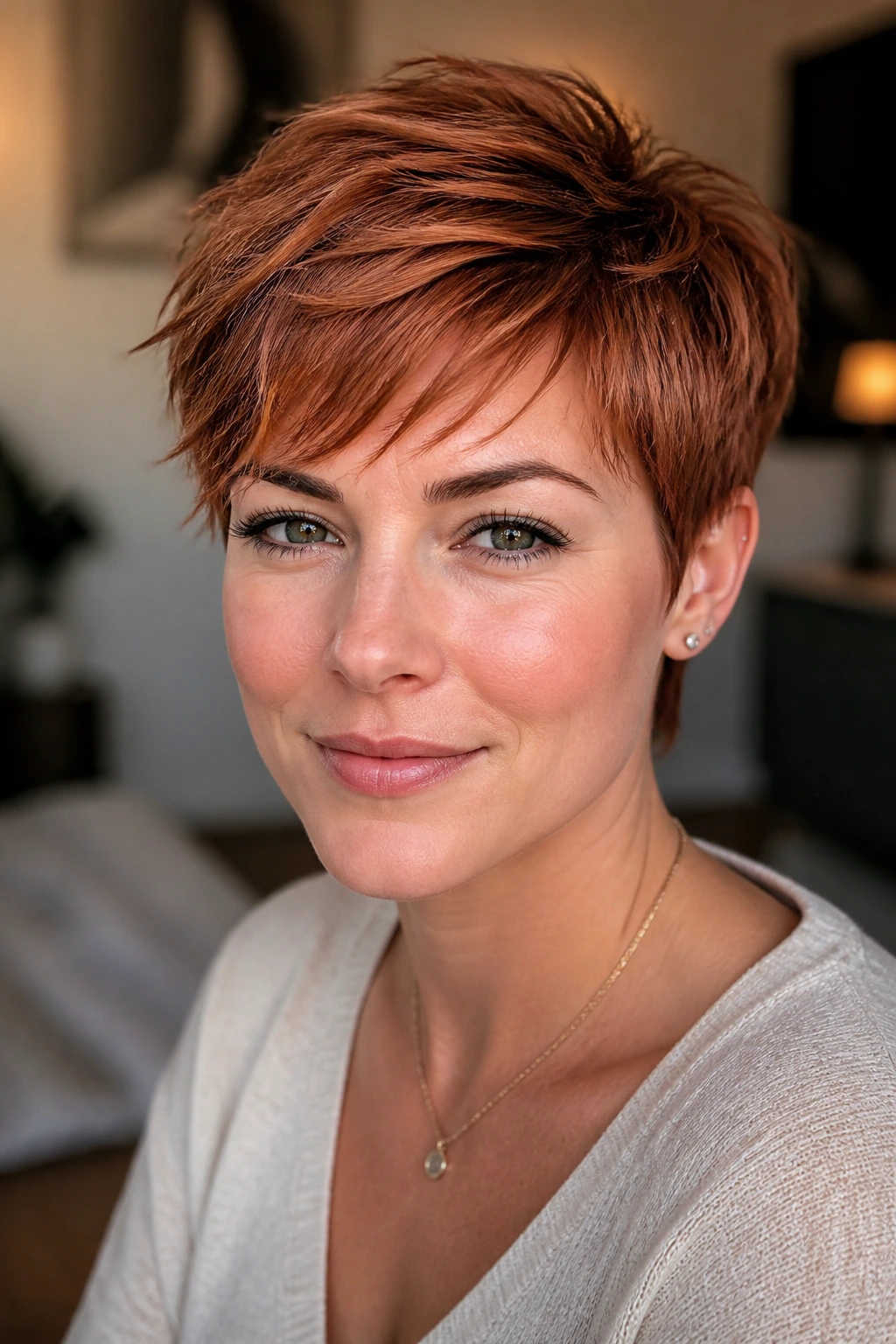 Person with soft ginger copper pixie hairstyle in a softly lit setting.