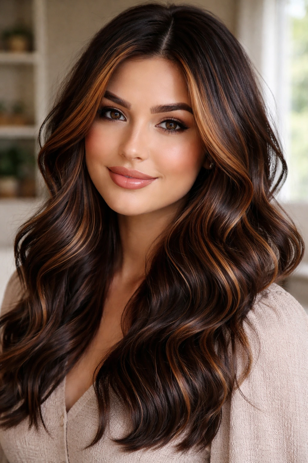 Close-up of a woman with ginger ribbon highlights and soft waves