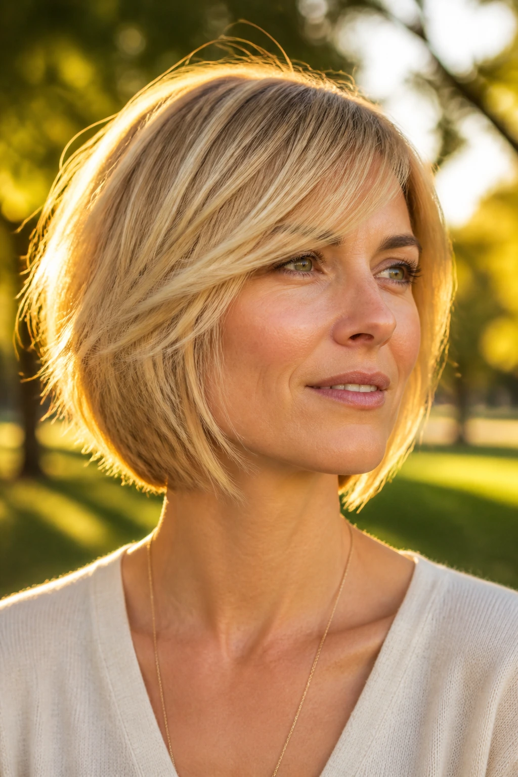 Real woman with feathered bob and side-swept fringe in soft gold in golden hour light