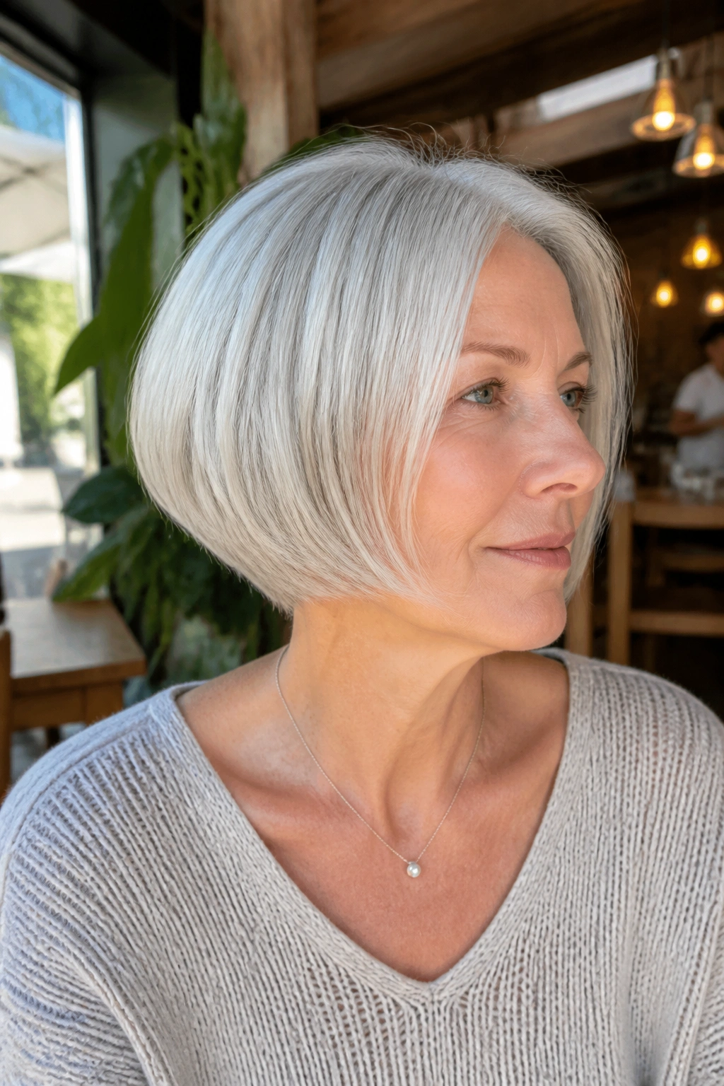 Close-up of a real woman with a soft graduated bob in silver