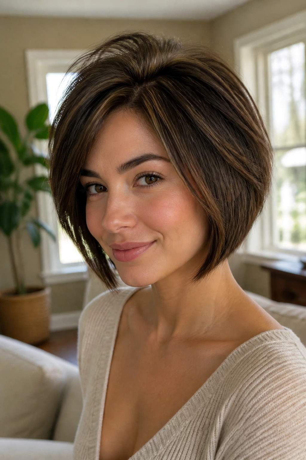 Close-up of a real woman with a soft graduated bob and crown lift in a bright room.