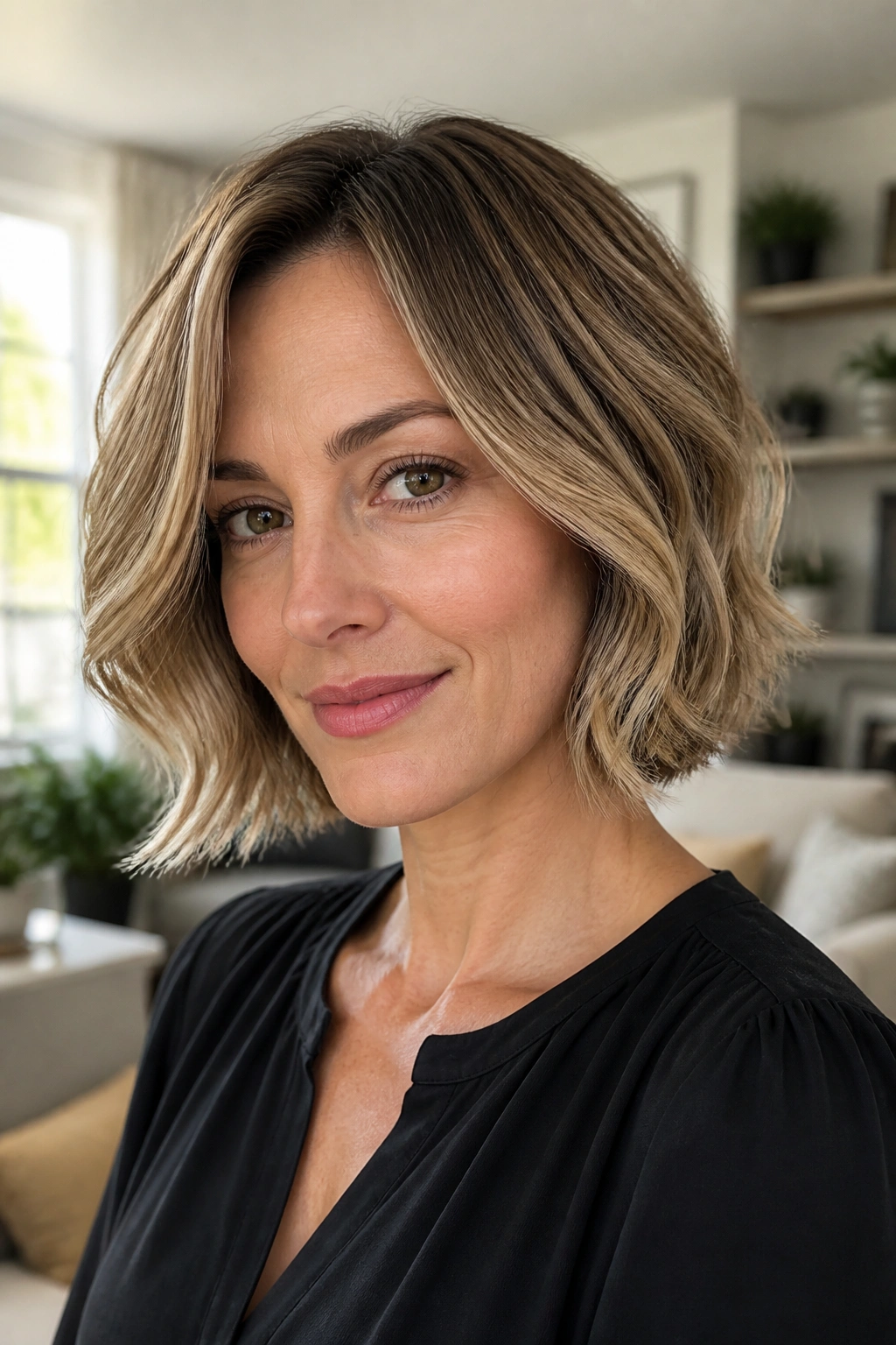 Close-up of a real woman with a softly graduated bob and loose bends