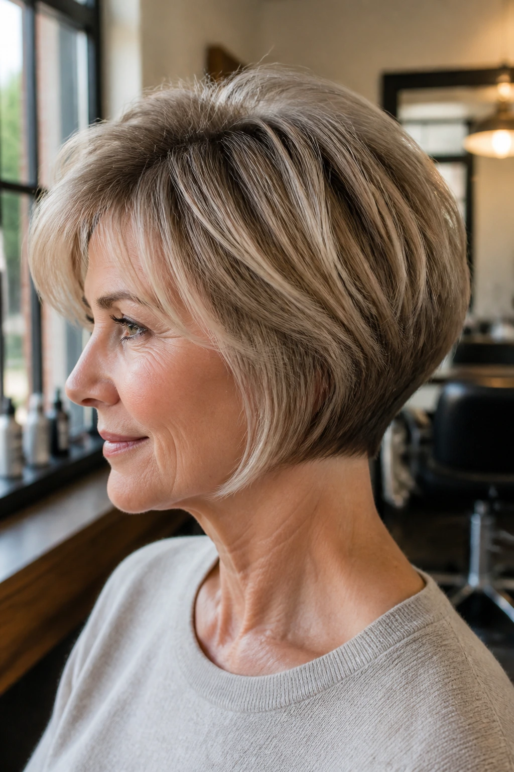 Real woman with a soft graduated bob and short nape, crown lift