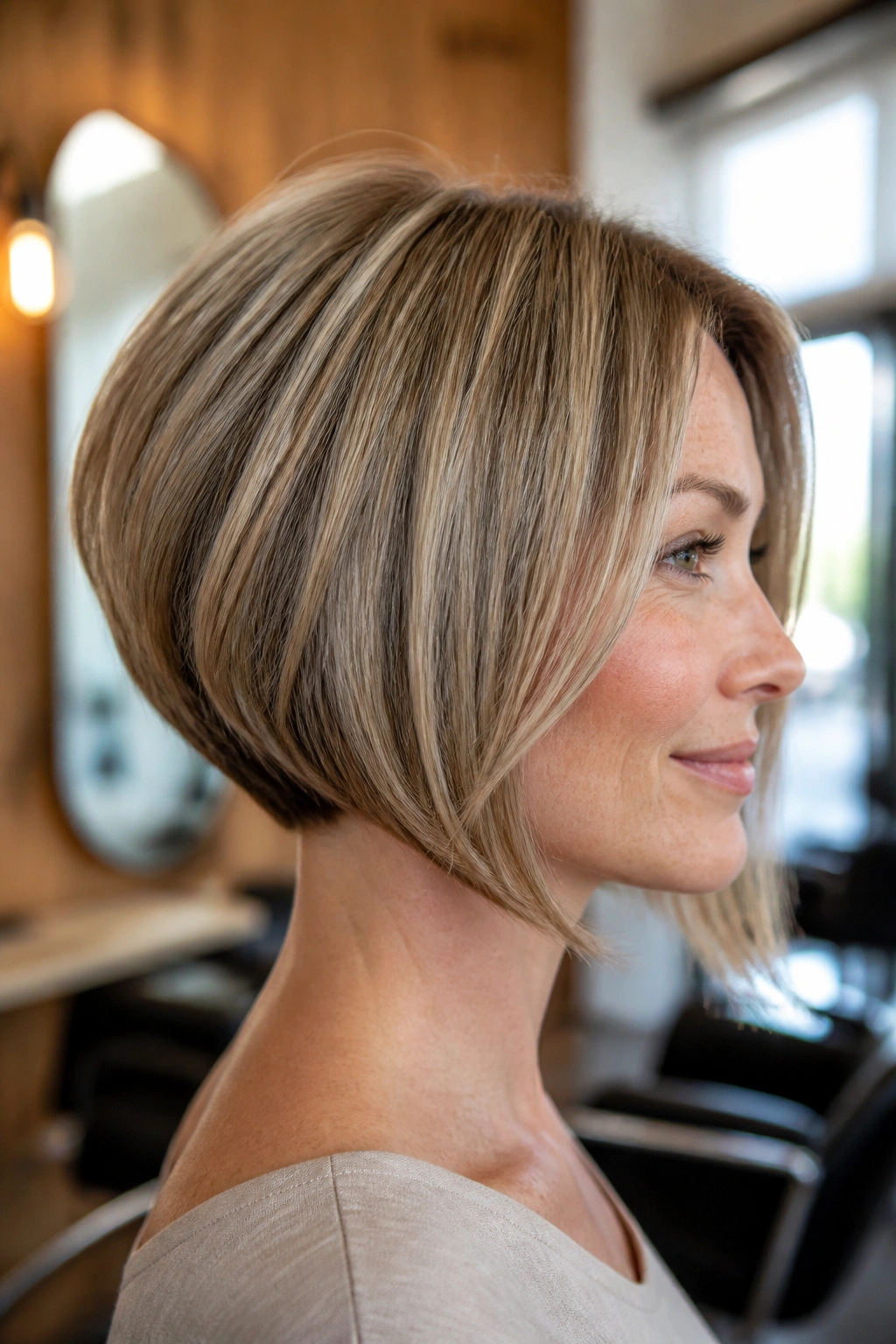 Close-up of a real woman with a soft graduated inverted bob in a salon
