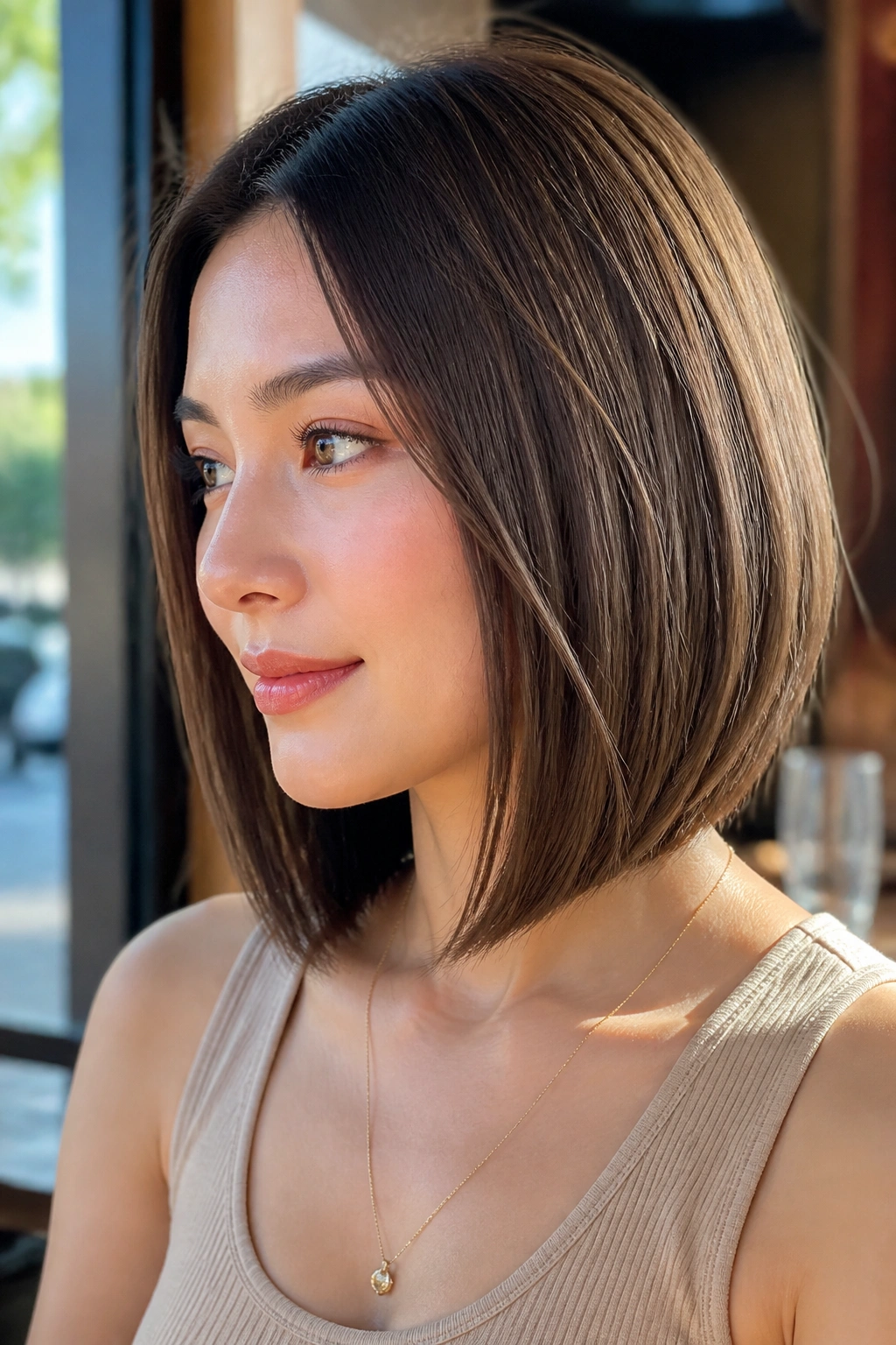 Real woman with a soft graduated lob showing gentle front incline