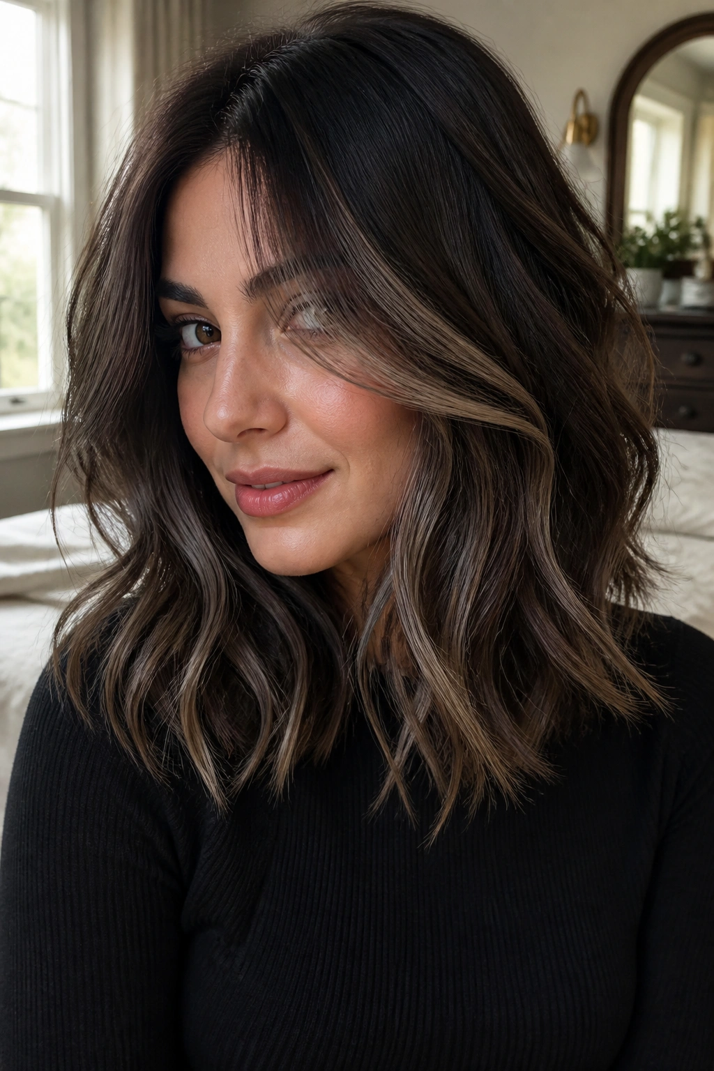 Close-up of dark brown hair with soft gray-beige balayage on a real woman, natural window light.