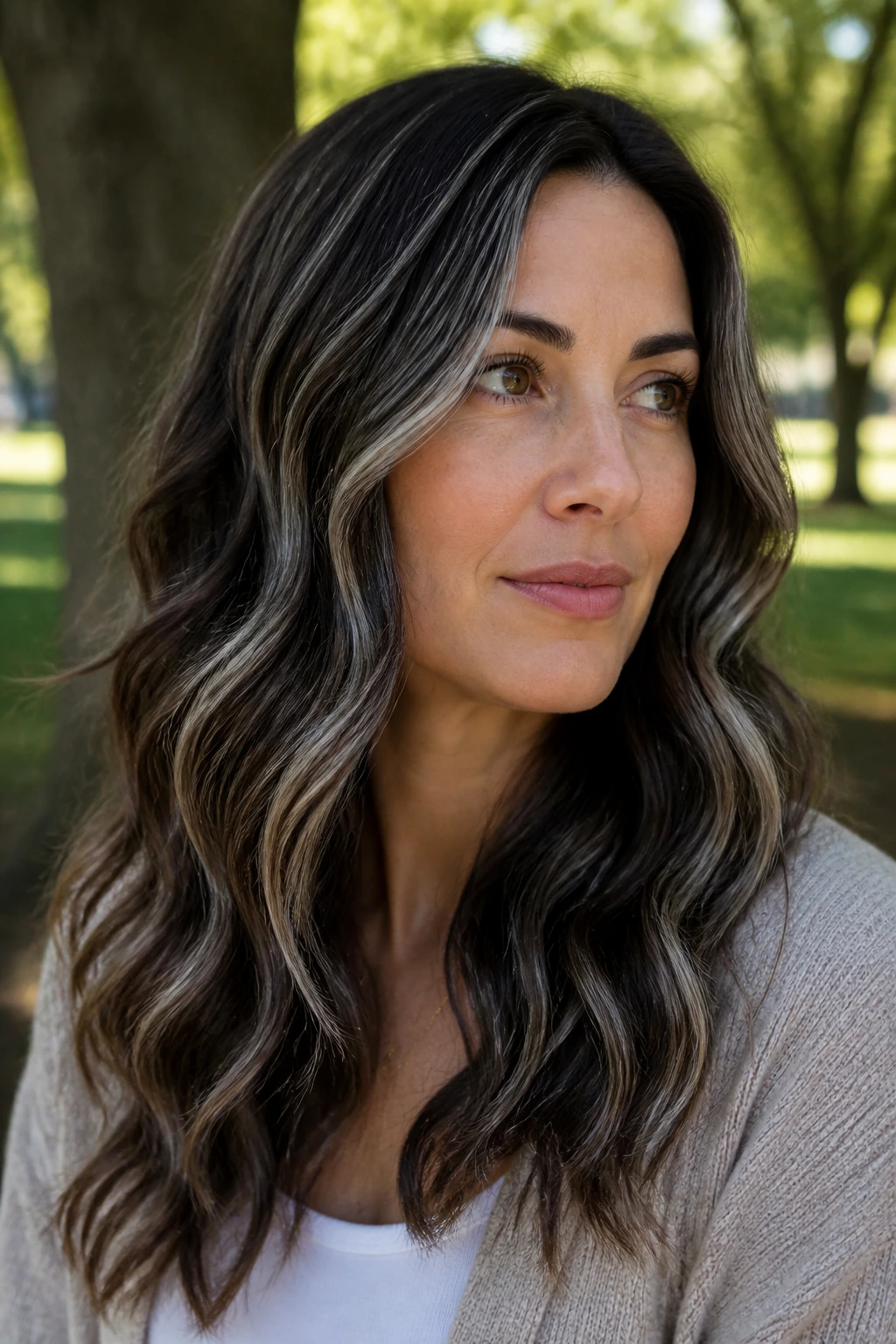Close-up portrait of a real woman with soft gray ribbons woven into wavy brunette hair