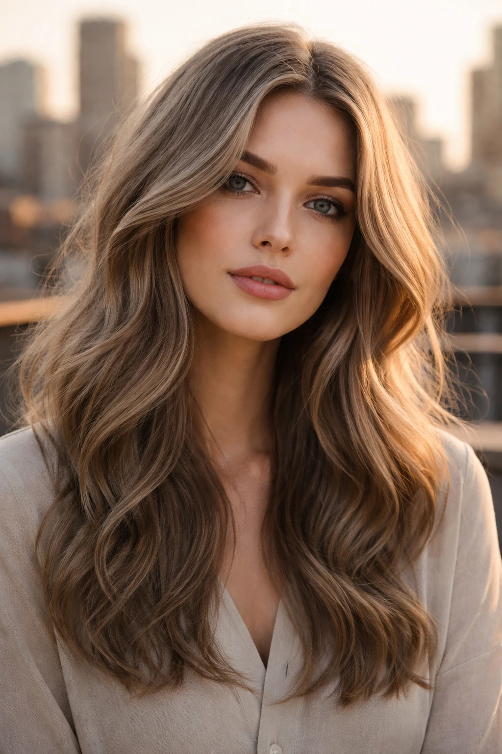 Close-up portrait of a real person with soft greige hair and natural waves in golden-hour city light.
