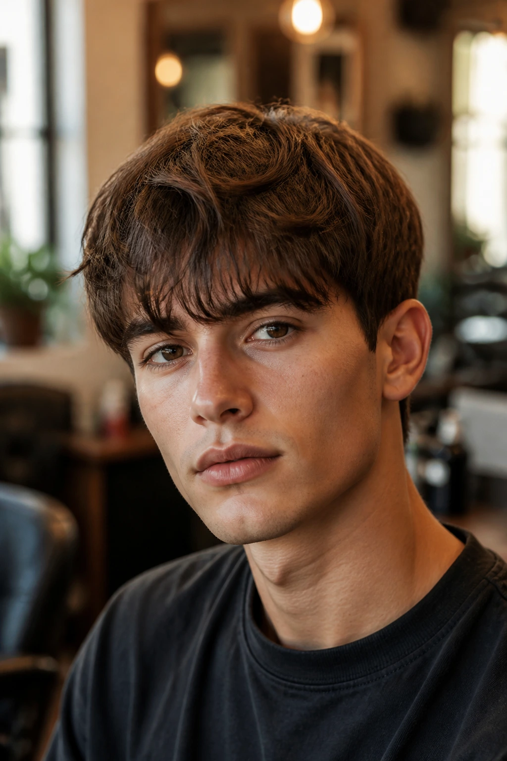 Close-up of a real man with a soft grow-out fringe reaching the brows under warm barbershop lighting