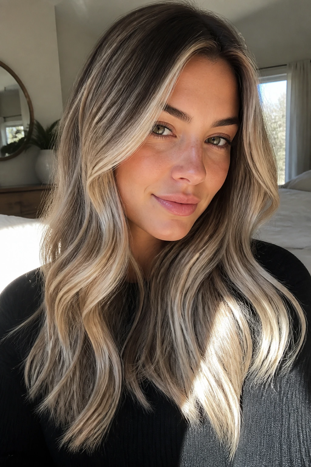 Close-up of soft grow-out platinum highlights on brown hair.