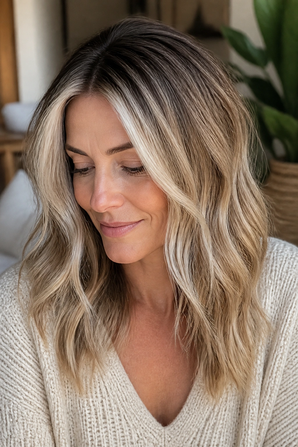 Close-up portrait of a real woman with soft grow-out platinum highlights around the face and crown