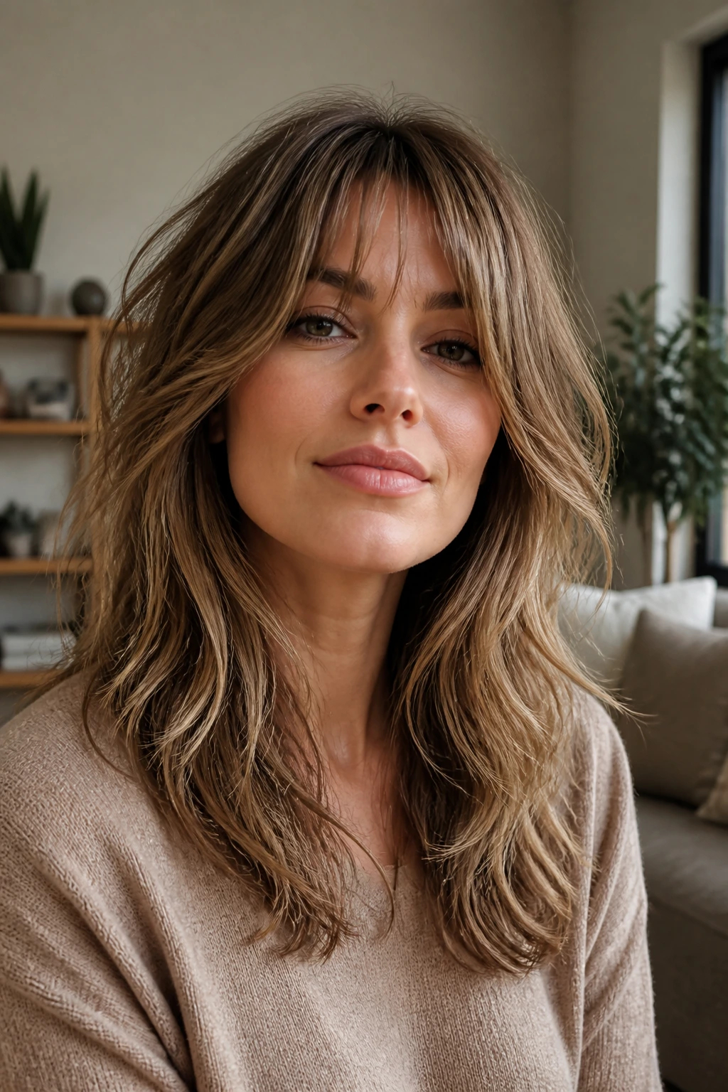 Close-up of a real woman with soft grown-in boho shag hairstyle